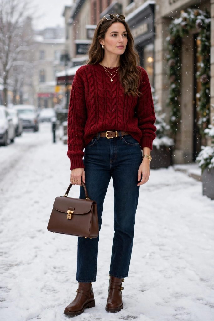Woman in a burgundy sweater and dark jeans with gold jewelry — a rich winter outfit idea