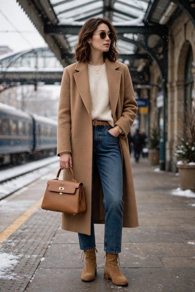 Woman in a camel coat, cream knit and dark jeans with a leather handbag — an elegant quiet-luxury winter outfit