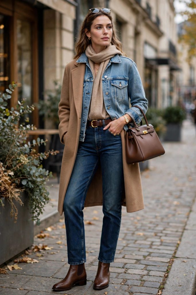 Woman in denim-on-denim with a wool coat and boots — a casual chic winter outfit