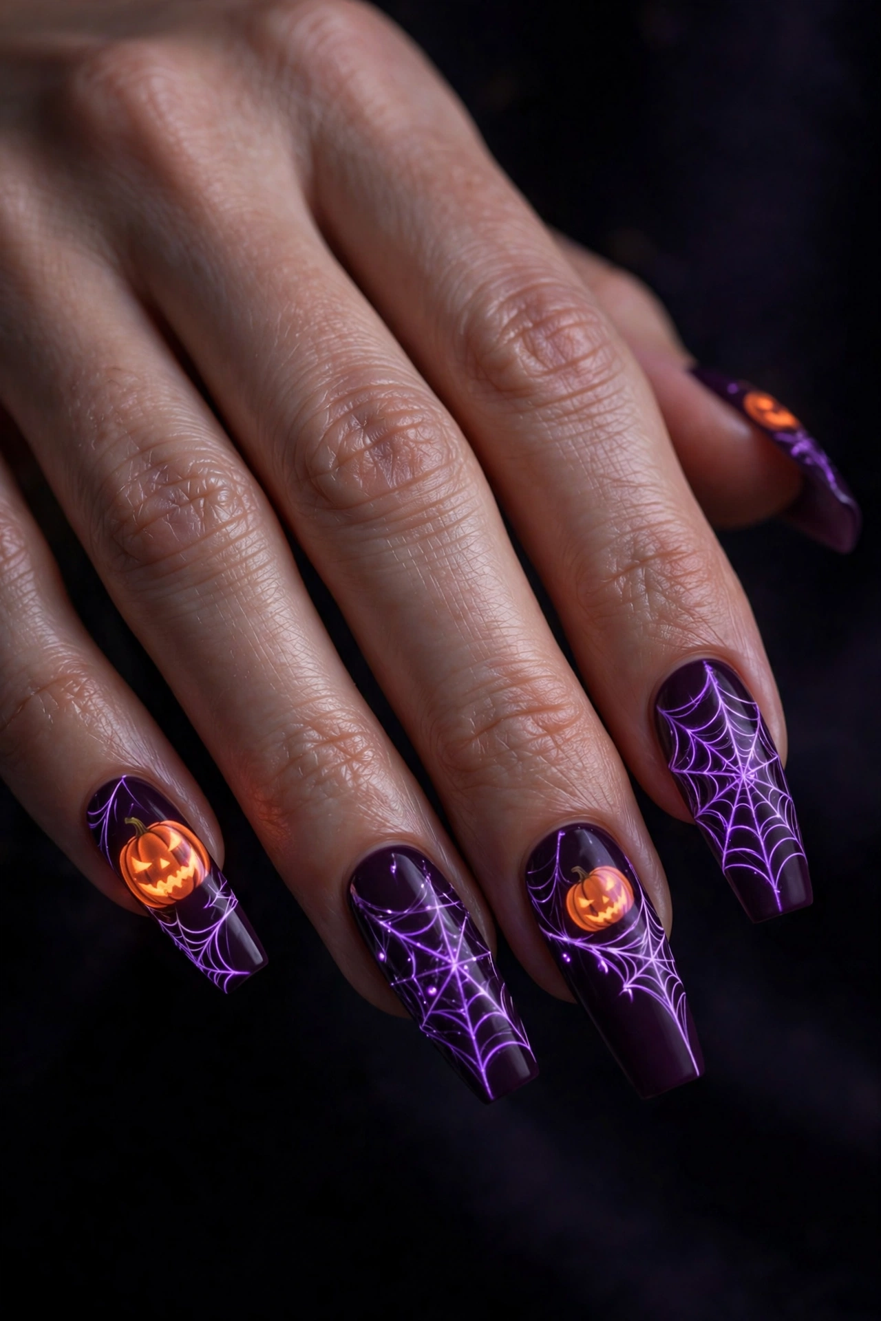 Glow in the dark Halloween nail art with orange pumpkins and purple spiderwebs on dark coffin nails