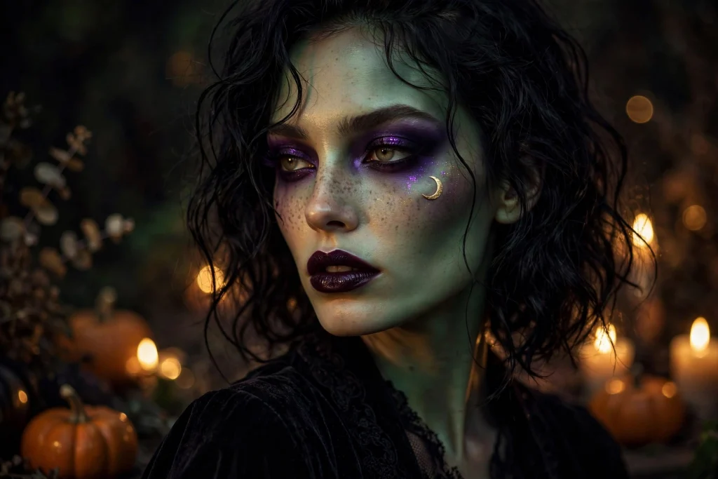 One of 15 spellbinding witch makeup looks: witch Halloween makeup with smoky purple eyes, dark berry lips and gold crescent moon detail