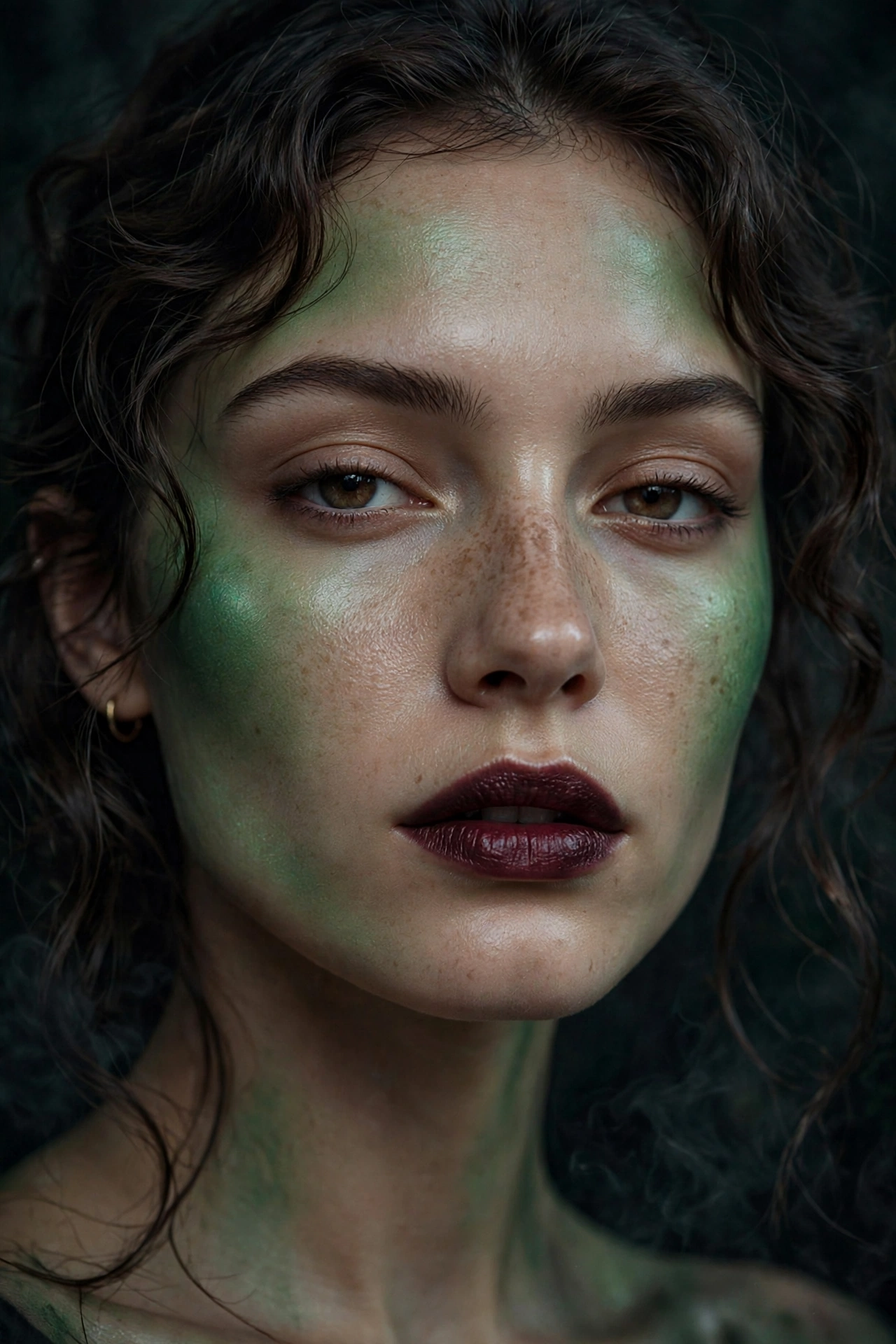 One of 15 spellbinding witch makeup looks: modern green witch Halloween makeup with emerald-toned skin and dark berry lips