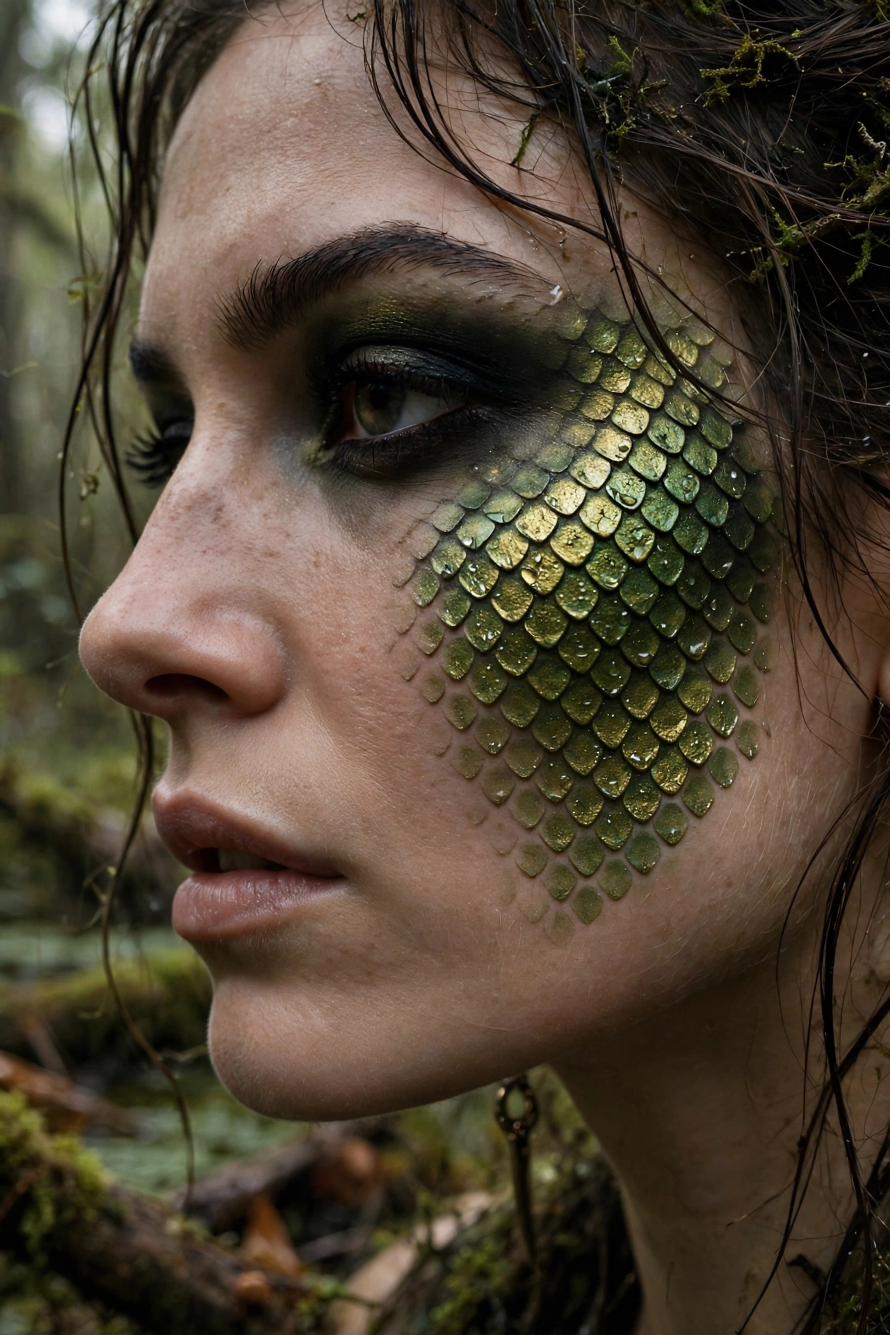 One of 15 spellbinding witch makeup looks: scaled serpent skin stencil witch Halloween makeup with fishnet pattern texture