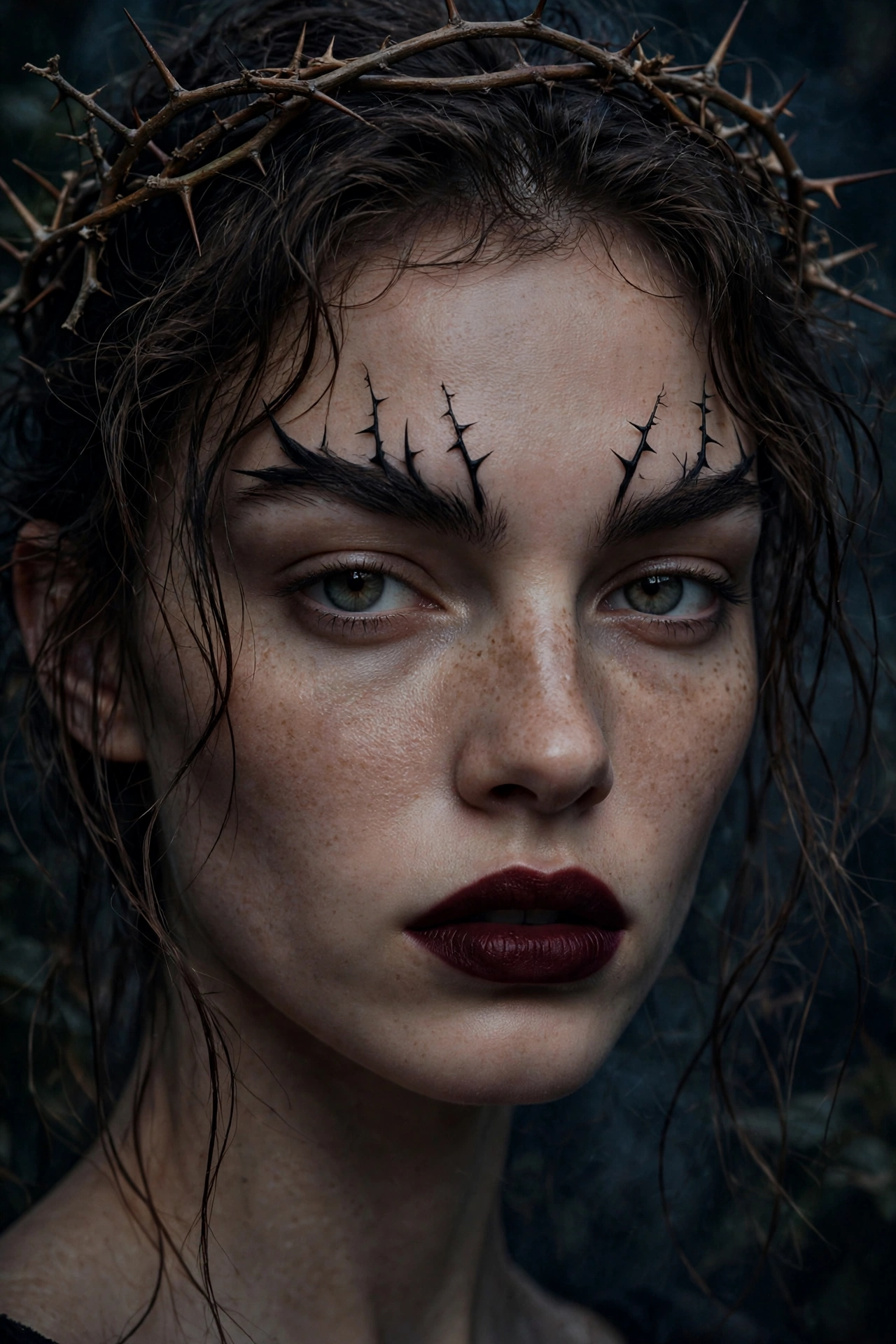 One of 15 spellbinding witch makeup looks: thorn crown brow witch Halloween makeup with dark feathered brows and thorn detail