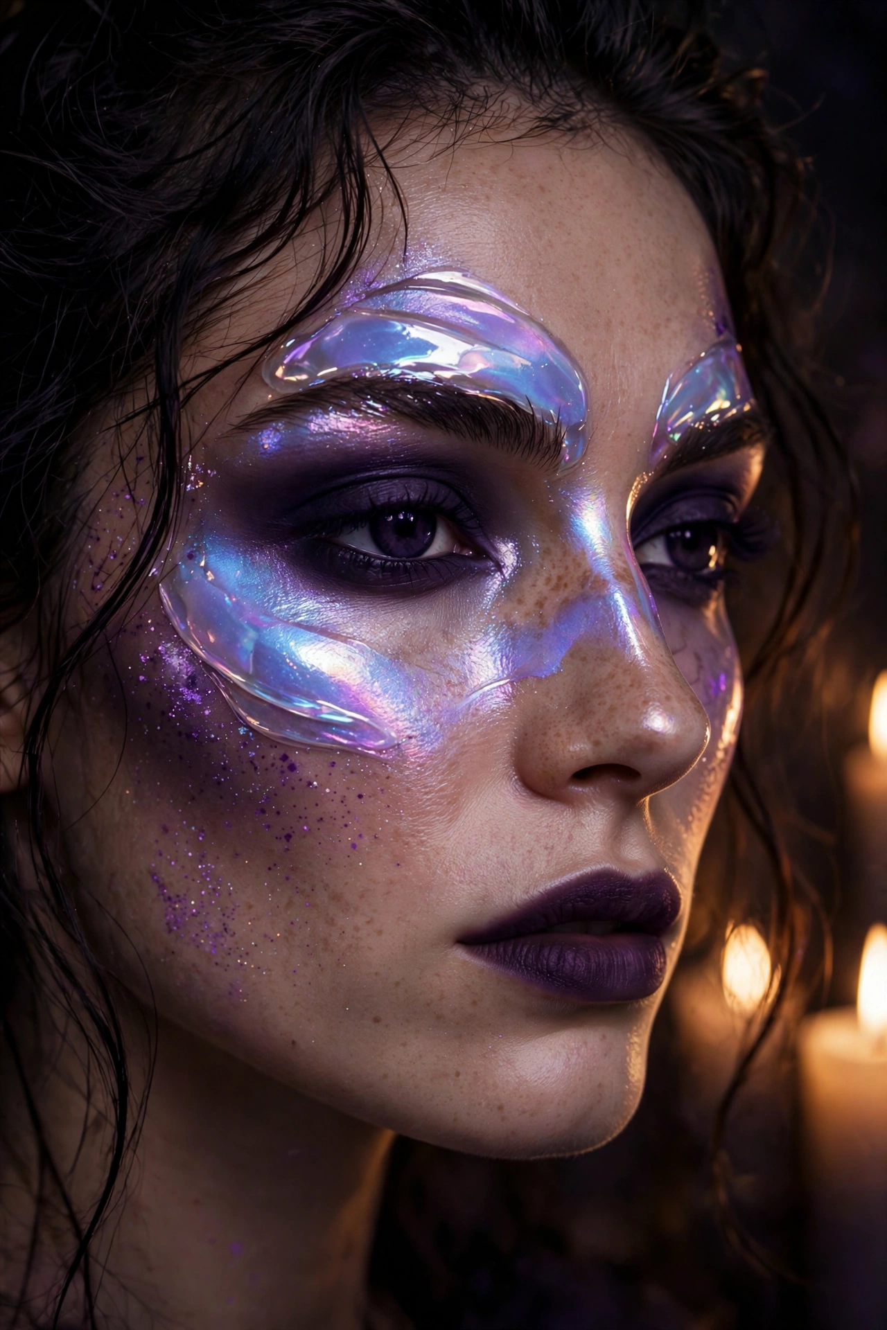 One of 15 spellbinding witch makeup looks: iridescent crystal ball highlight witch Halloween makeup with opalescent glow
