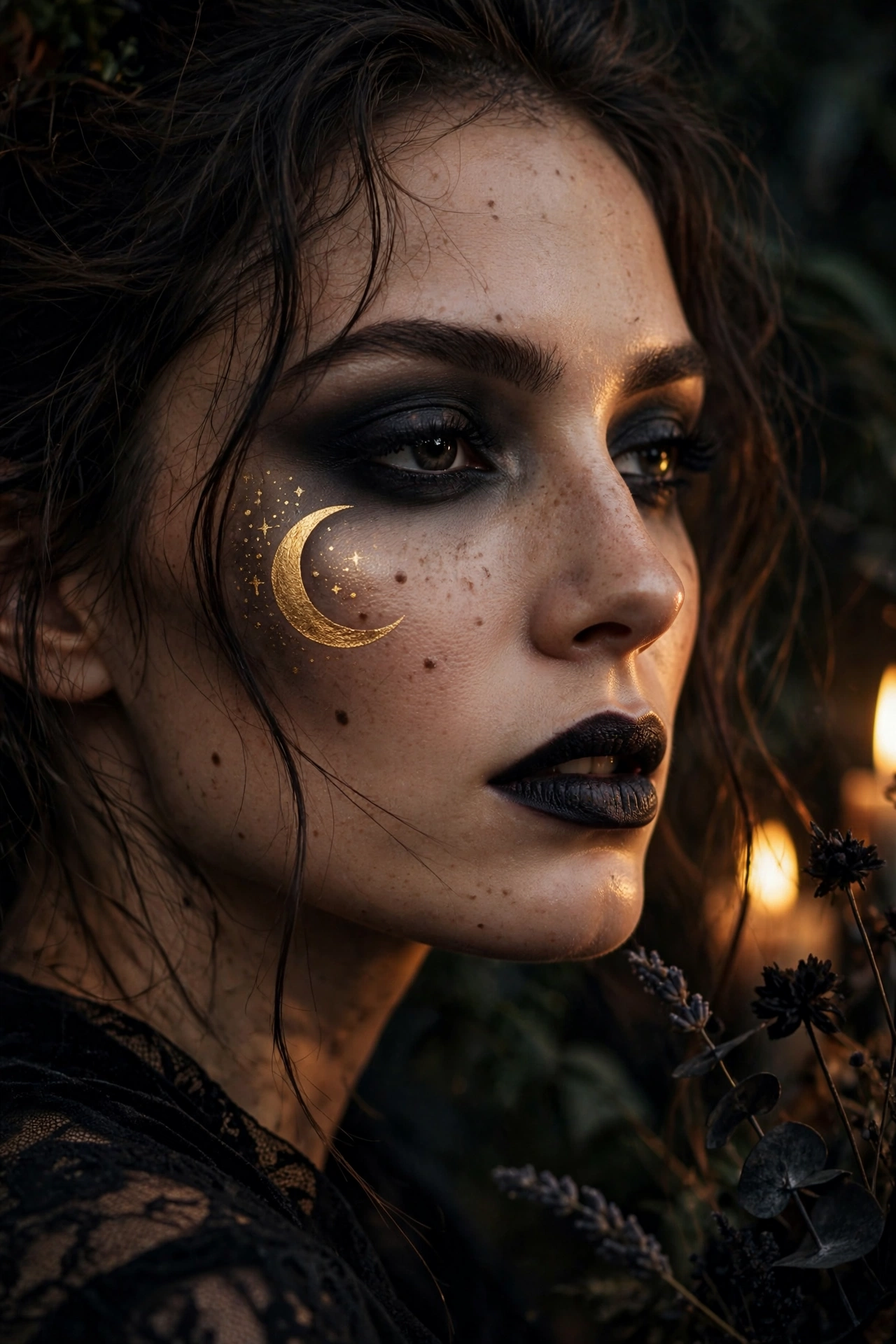 One of 15 spellbinding witch makeup looks: crescent moon cheek detail witch Halloween makeup in gold on the cheekbone