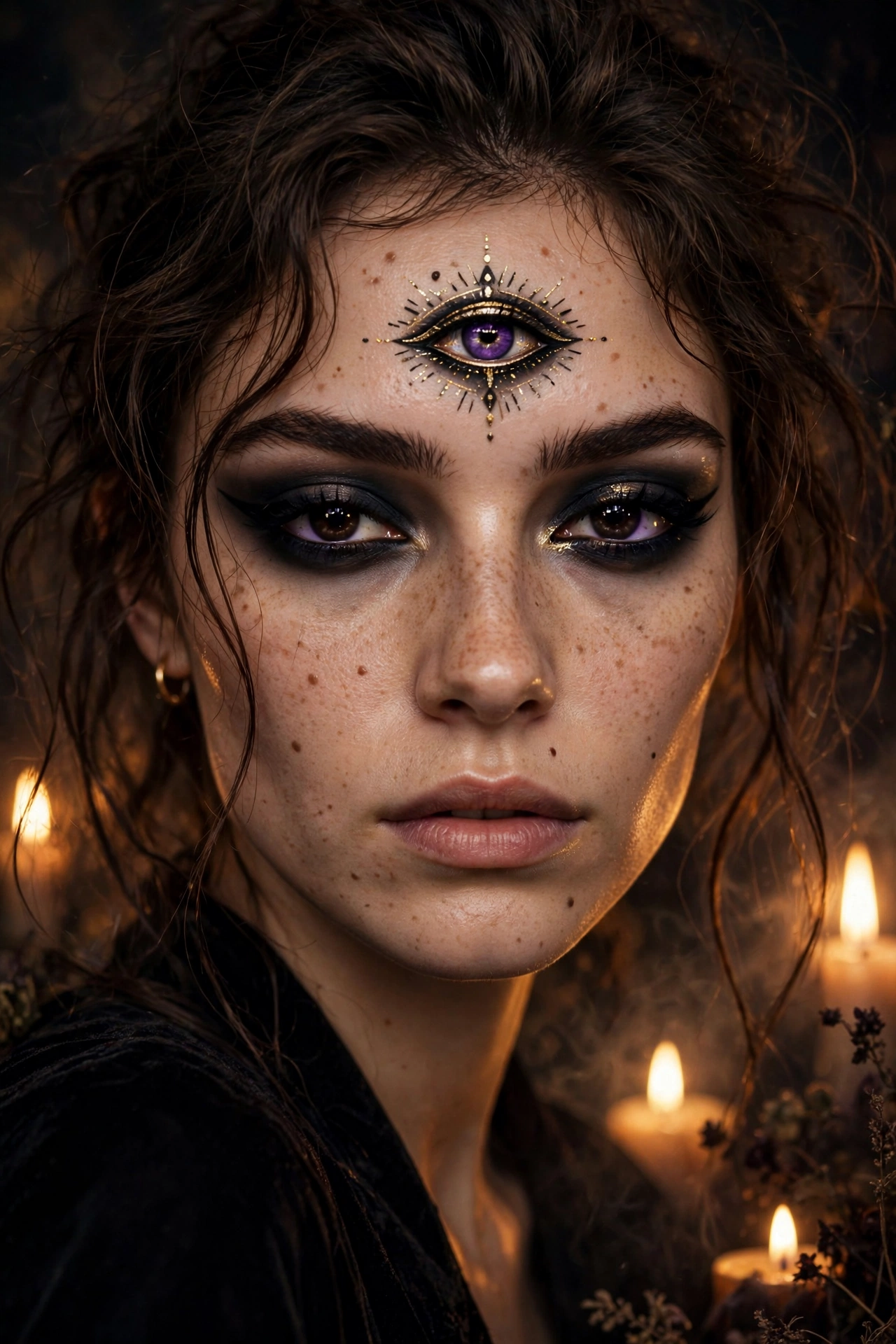 One of 15 spellbinding witch makeup looks: mystic third eye forehead detail witch Halloween makeup with gold liner