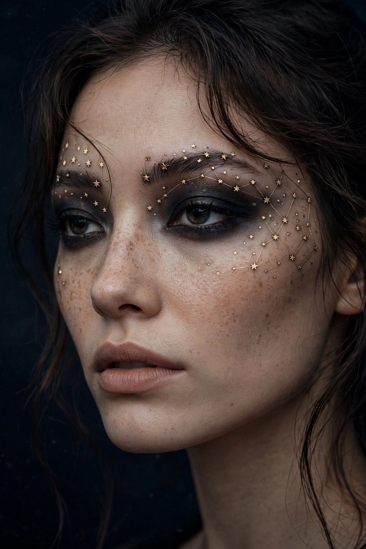 One of 15 spellbinding witch makeup looks: constellation star Halloween eye makeup with gold star details on dark smoky eyes