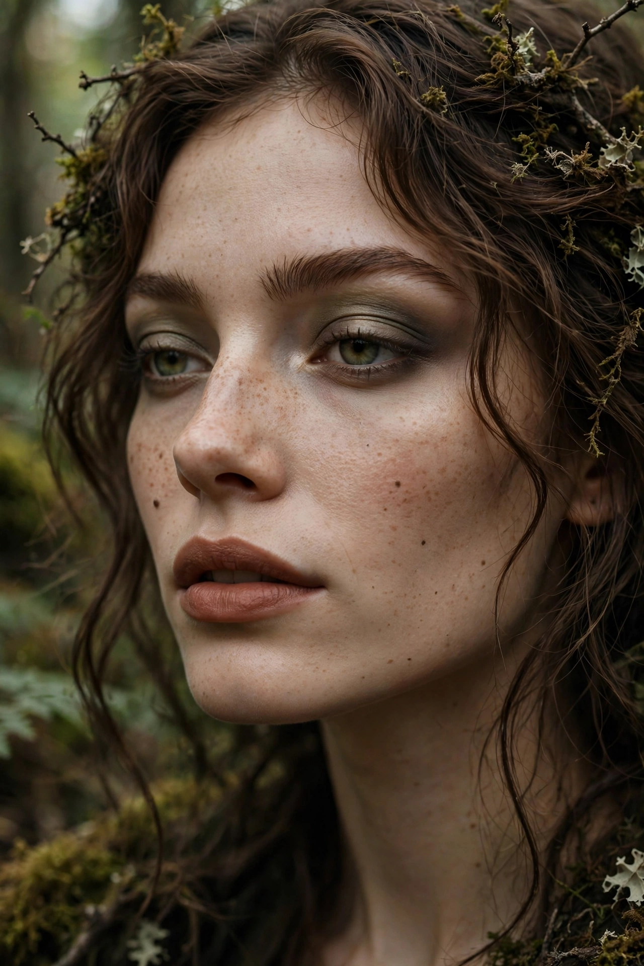 One of 15 spellbinding witch makeup looks: dark forest witch Halloween makeup with moss green tones and earthy eyeshadow