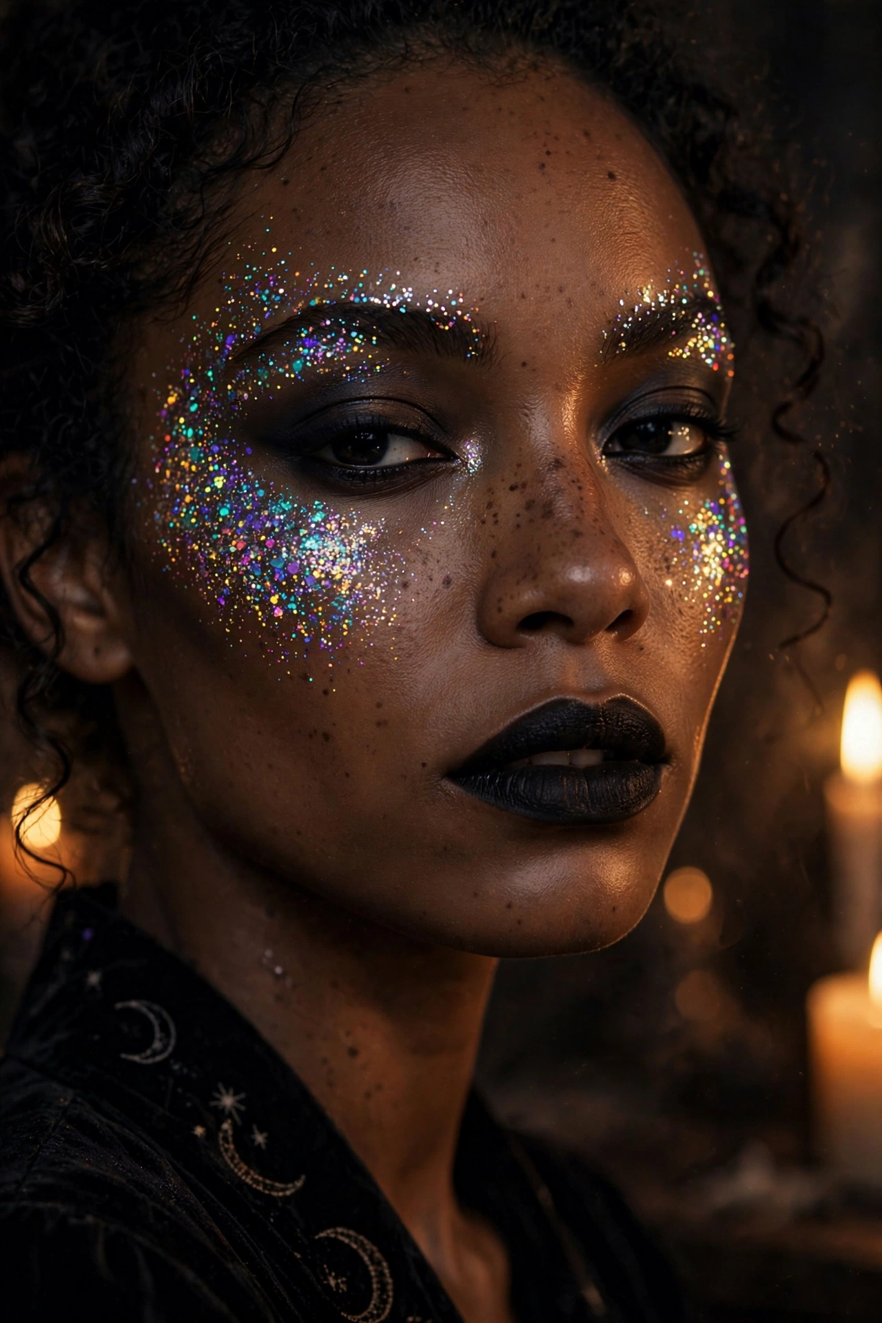 One of 15 spellbinding witch makeup looks: glitter spell dust witch Halloween makeup with holographic sparkle across cheeks