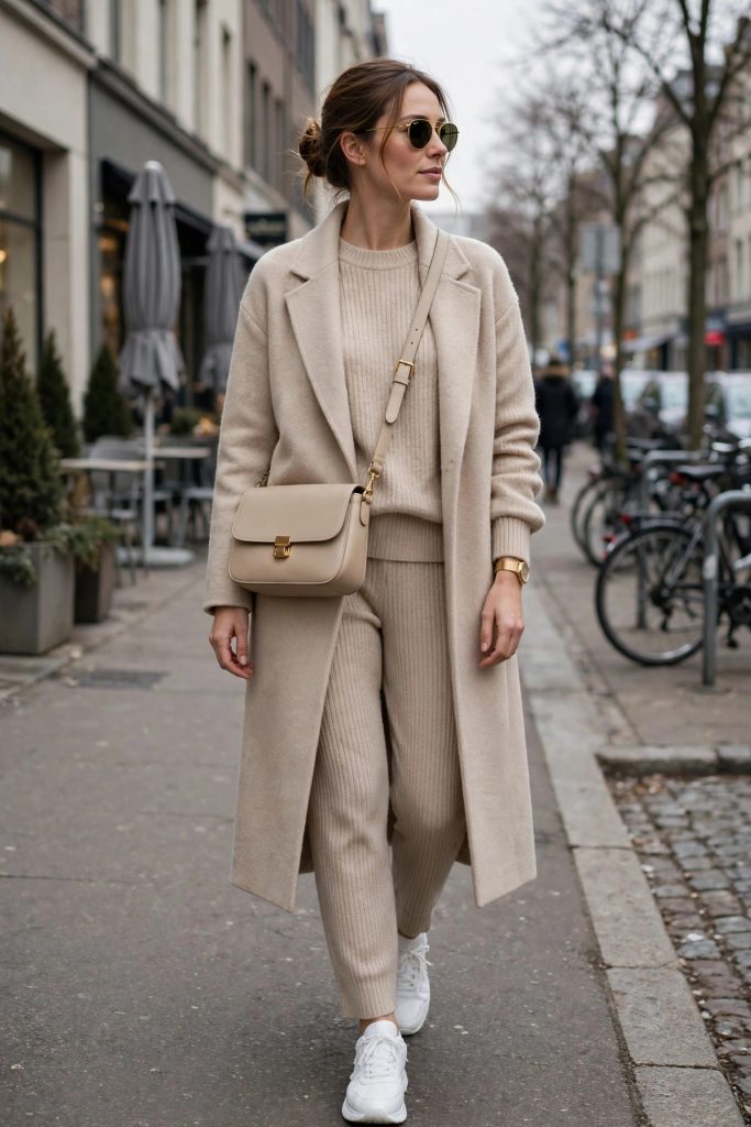 Woman in a matching knit co-ord set and white sneakers — a comfortable chic winter outfit