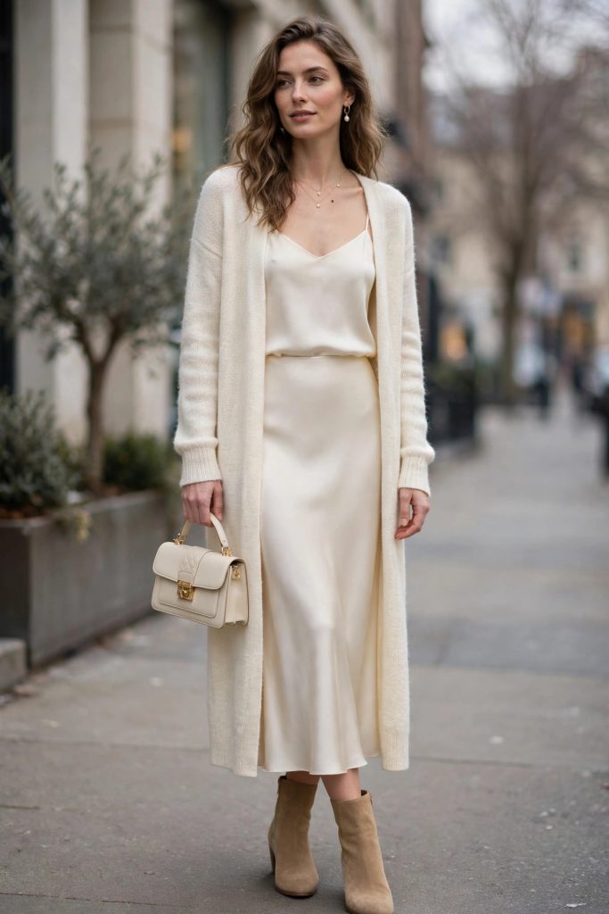 Woman in a longline cardigan and satin midi skirt with ankle boots — a soft winter outfit idea