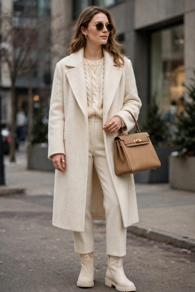 Woman in a head-to-toe cream winter outfit with a tan handbag — a monochrome winter outfit idea