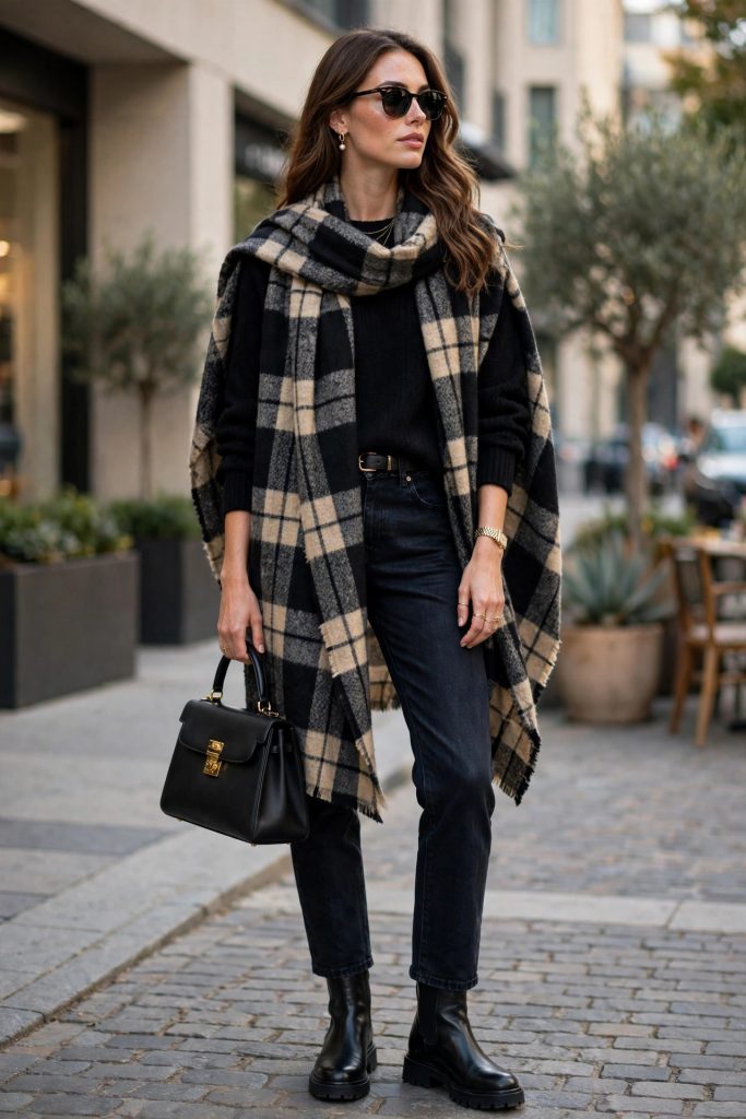Woman in a black knit and jeans with an oversized plaid statement scarf — a scarf-led winter outfit
