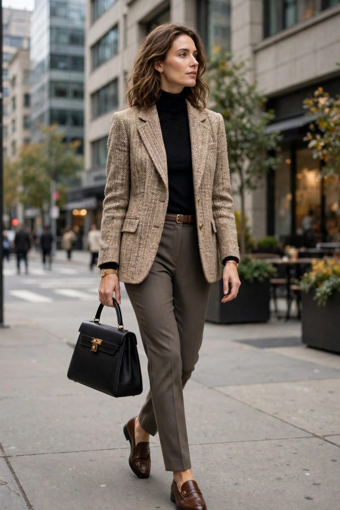 Woman in a tweed blazer, turtleneck and tailored trousers — a polished work winter outfit