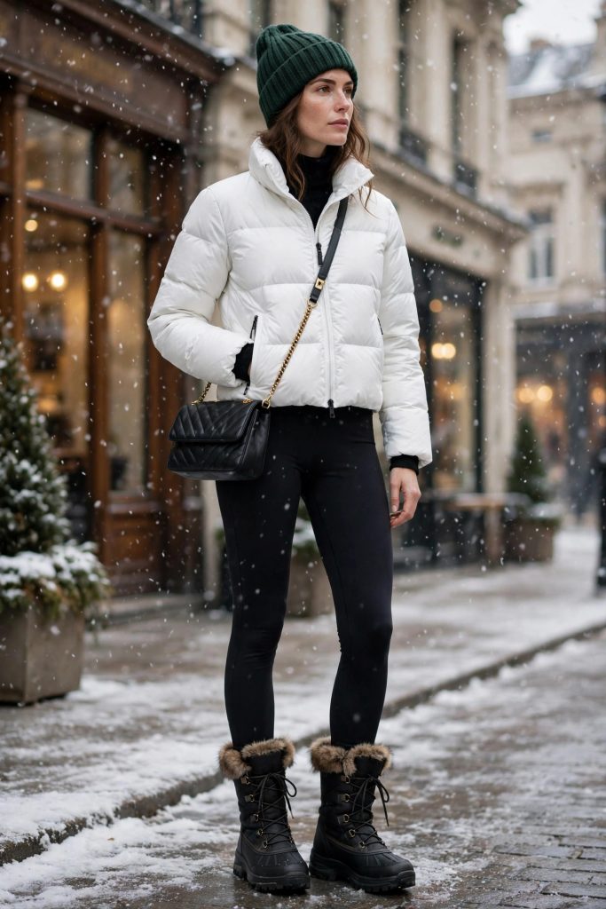 Woman in a white puffer jacket, leggings and snow boots with a crossbody bag — a snowy winter outfit idea