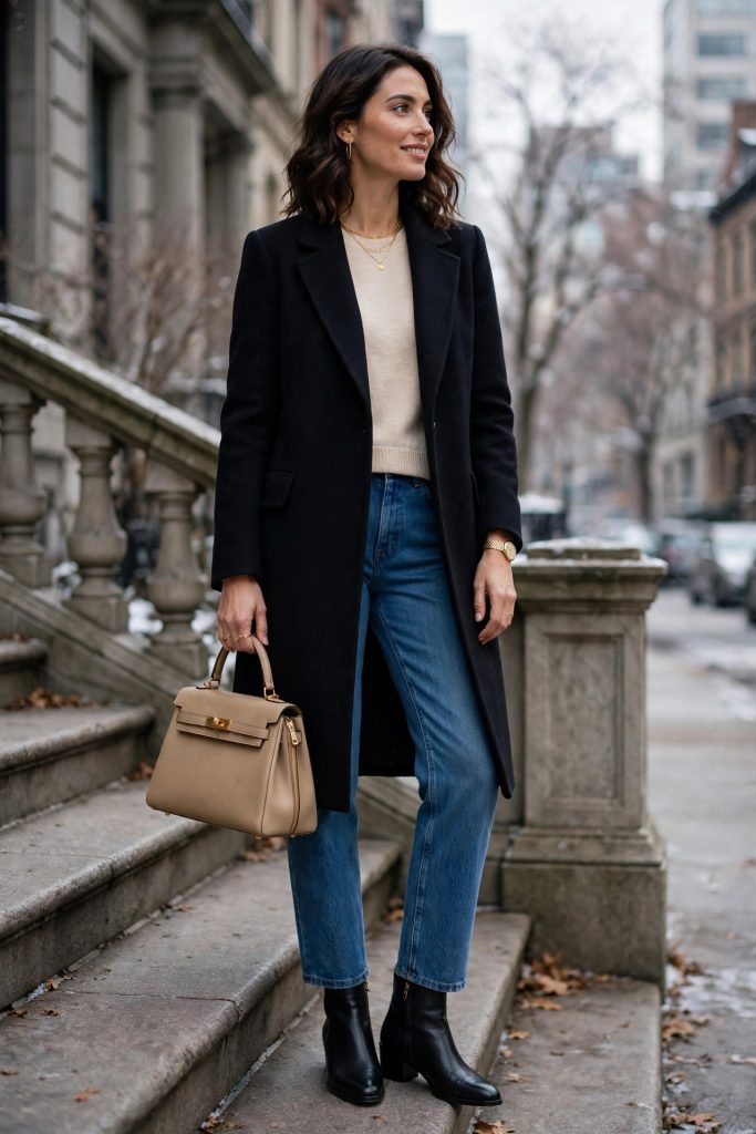 Woman in a tailored wool coat, straight jeans and ankle boots with a leather handbag — a classic winter outfit idea