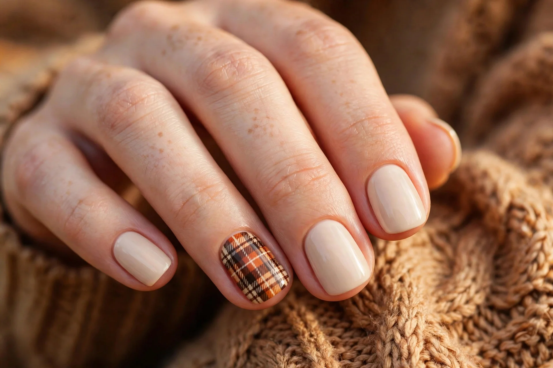 thanksgiving nails: rust plaid accent on short nails