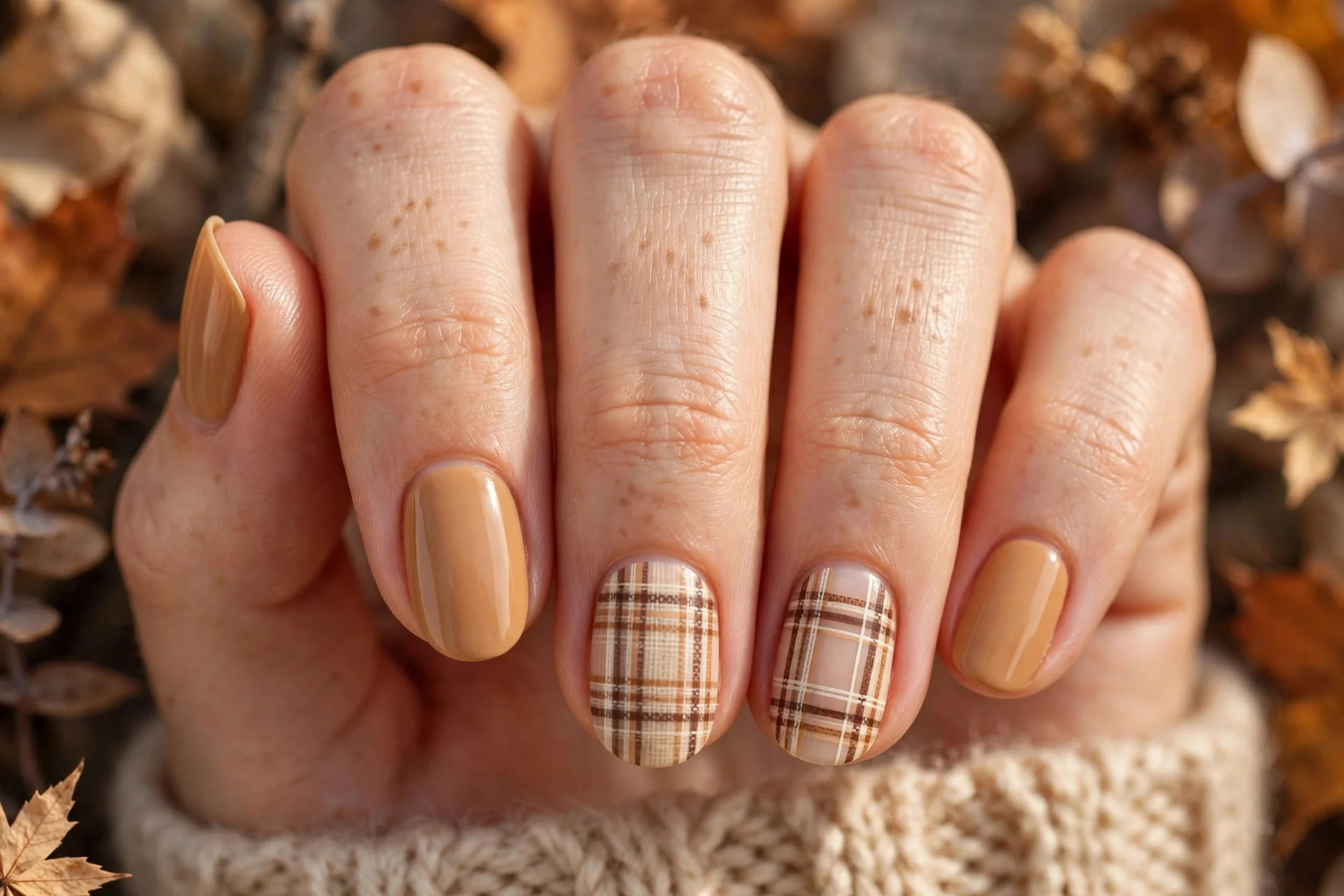 thanksgiving nails: cream and brown plaid mix on short nails
