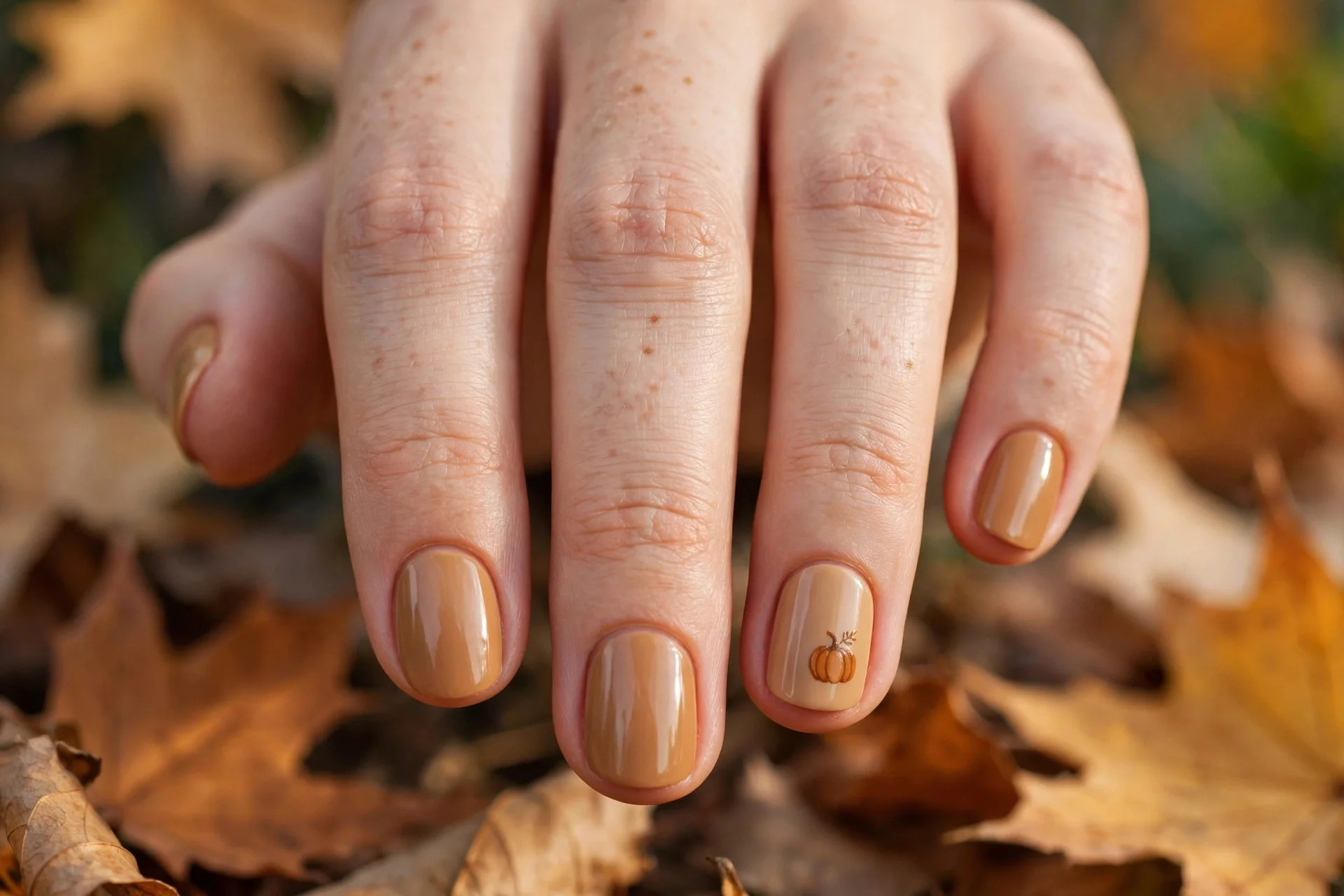 thanksgiving nails: single tiny pumpkin accent nail