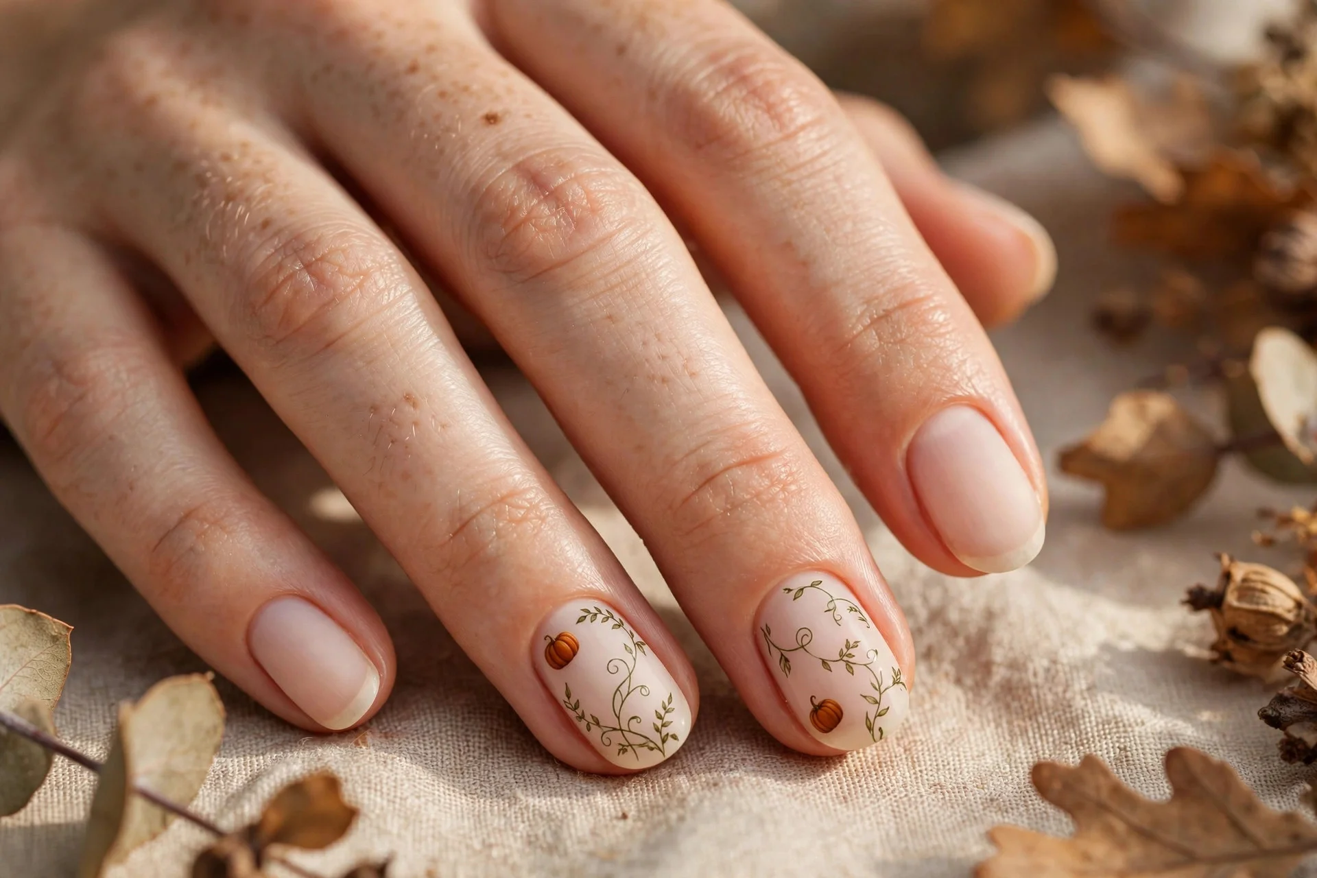 thanksgiving nails: delicate pumpkin vines on nude short nails