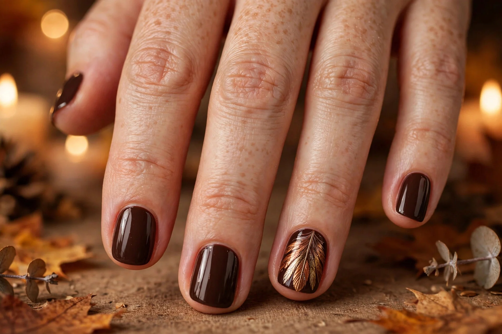 thanksgiving nails: turkey feather accent nail in browns and copper
