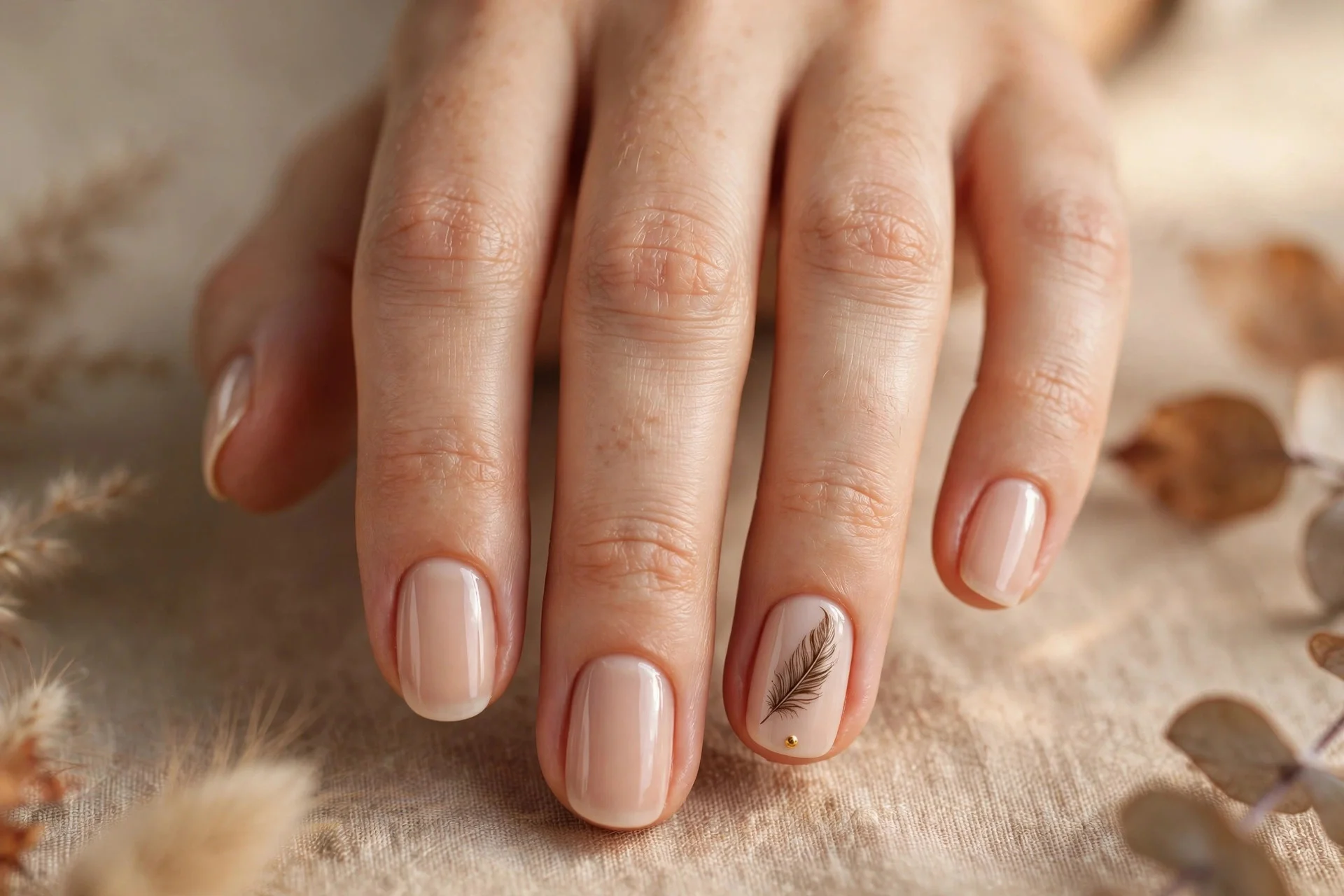 thanksgiving nails: feather art with gold details on short nails