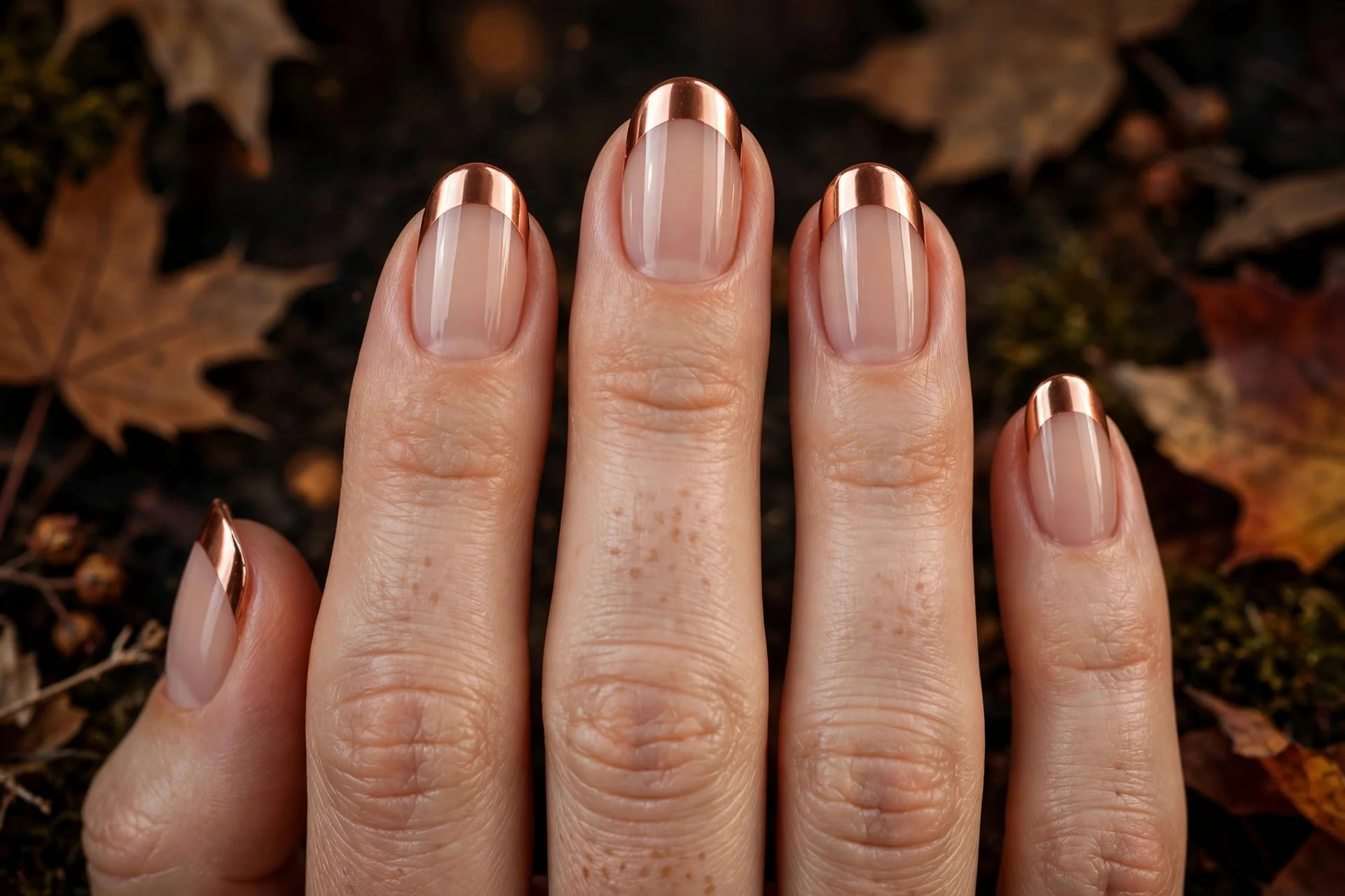 thanksgiving nails: copper chrome french tips