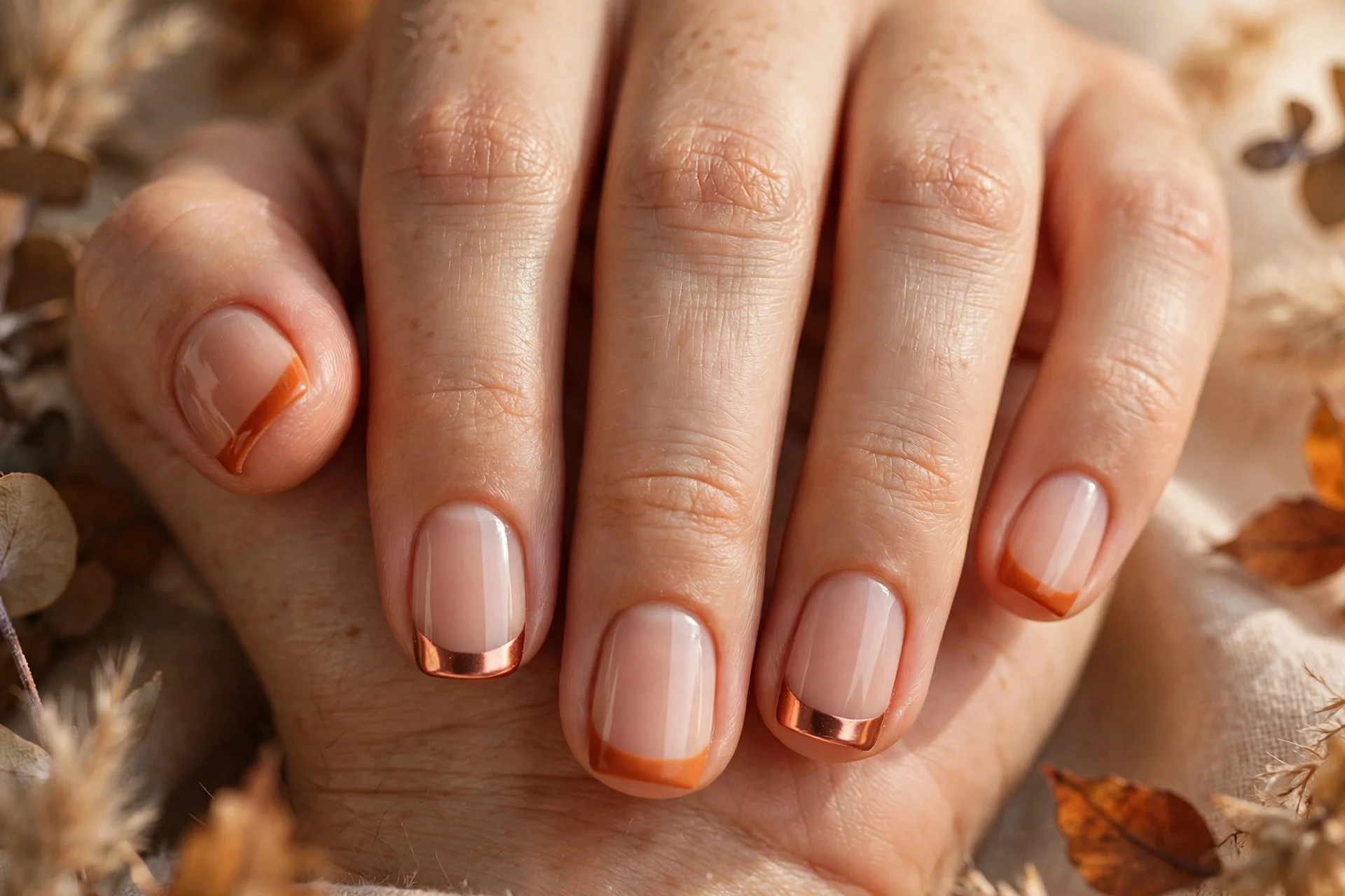 thanksgiving nails: two tone burnt orange and copper french tips