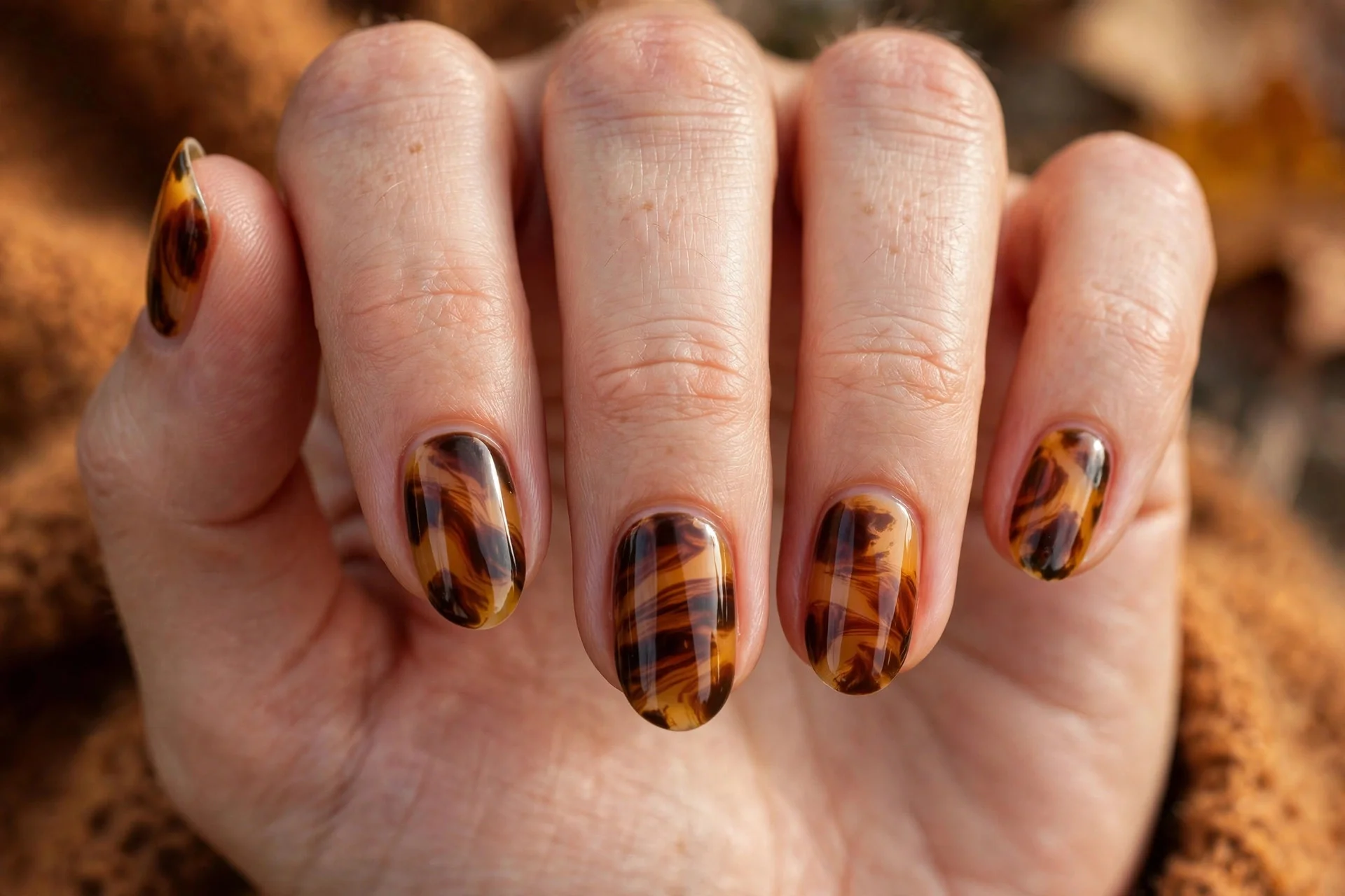 thanksgiving nails: classic tortoiseshell pattern on short nails