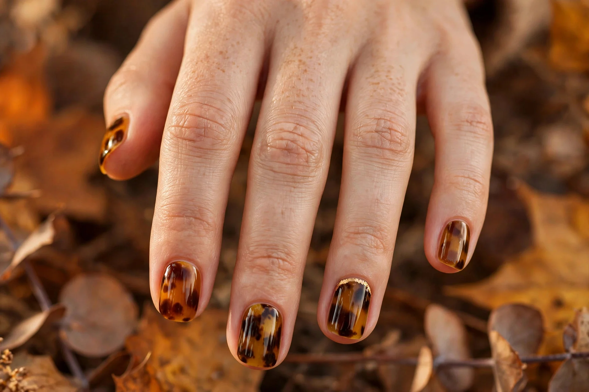thanksgiving nails: tortoiseshell nails with gold foil edge