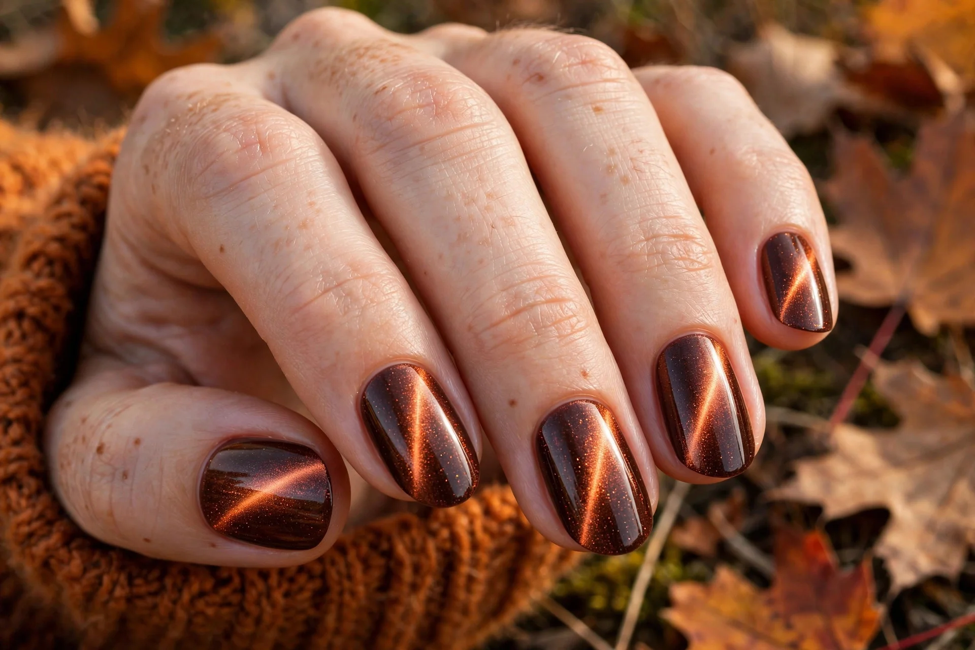 thanksgiving nails: copper cat eye manicure on short nails