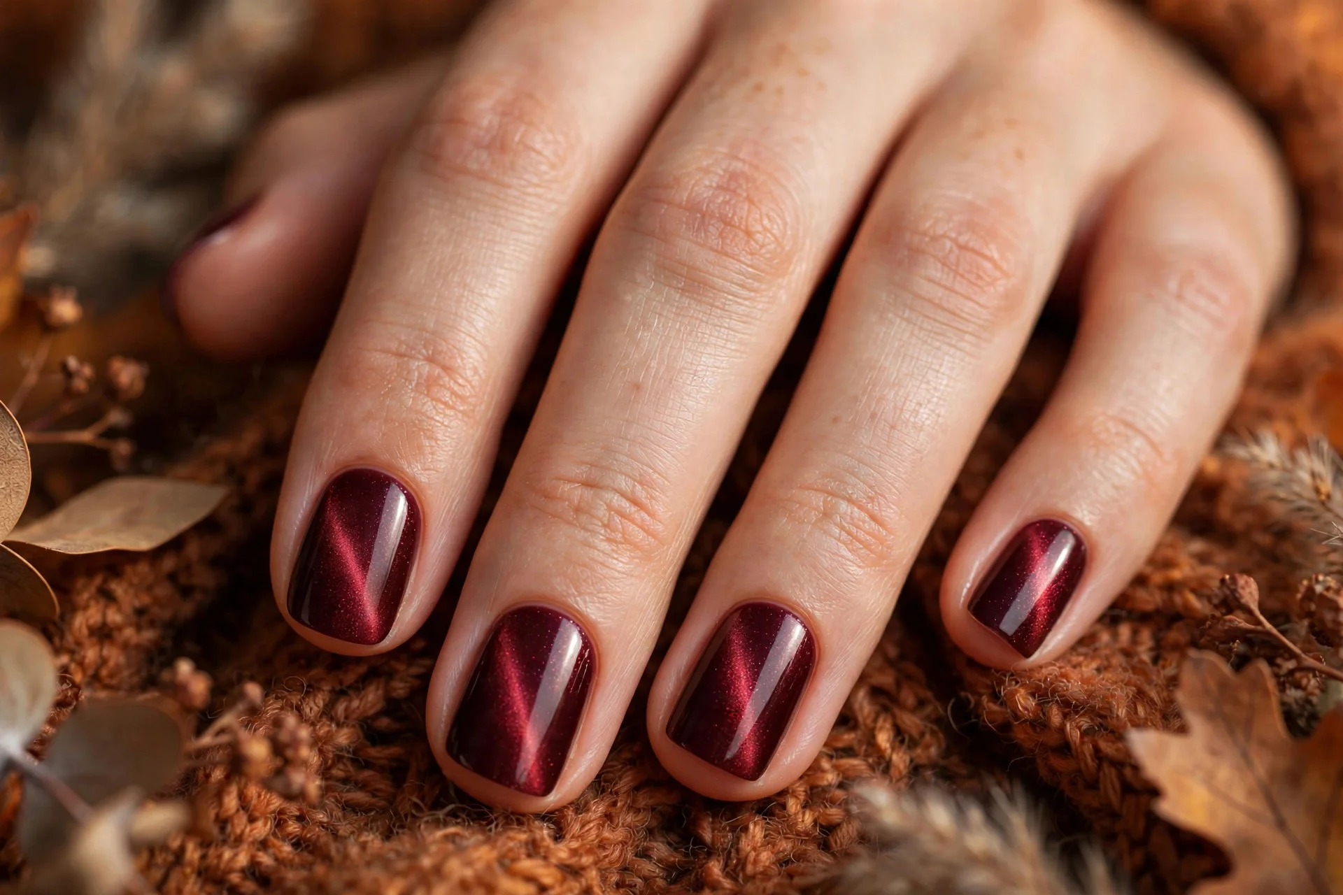 thanksgiving nails: burgundy cat eye nails
