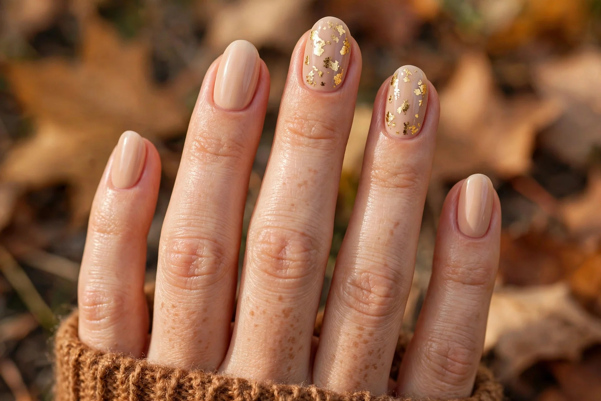 thanksgiving nails: nude nails with gold foil flakes