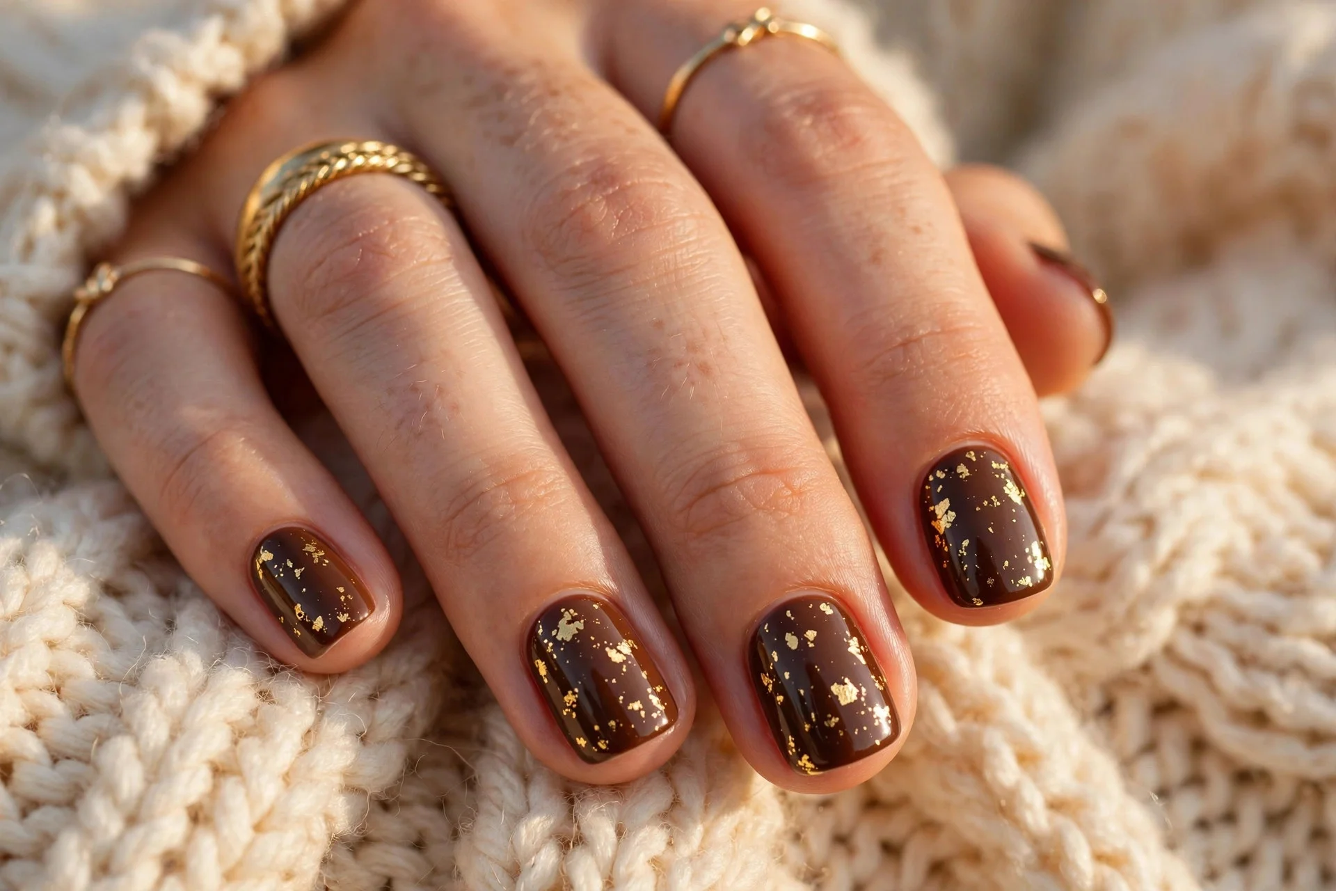 thanksgiving nails: chocolate brown nails with gold foil flakes