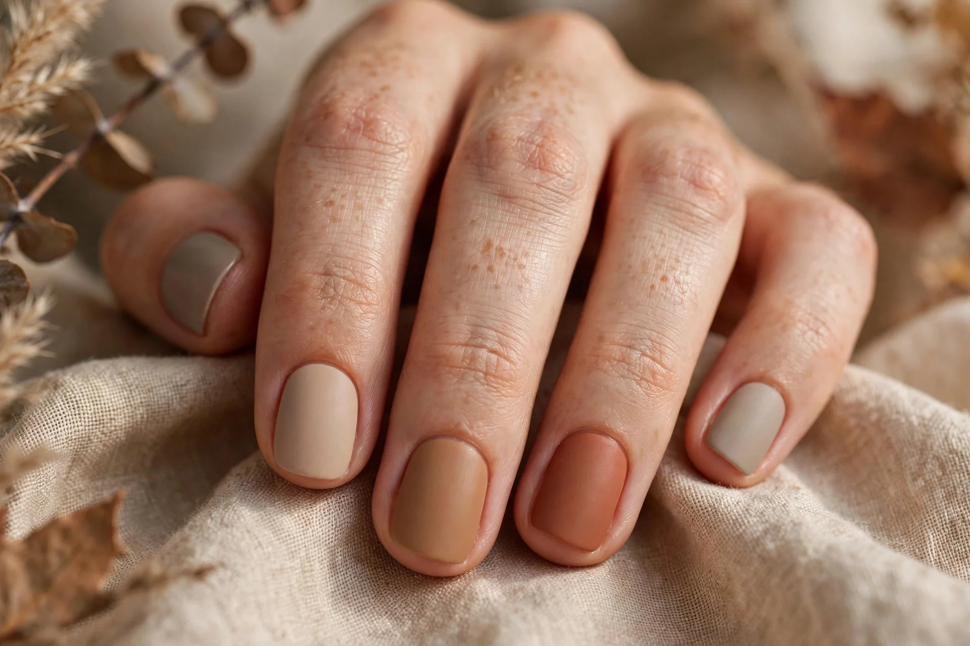 thanksgiving nails: muted earth tone skittle manicure