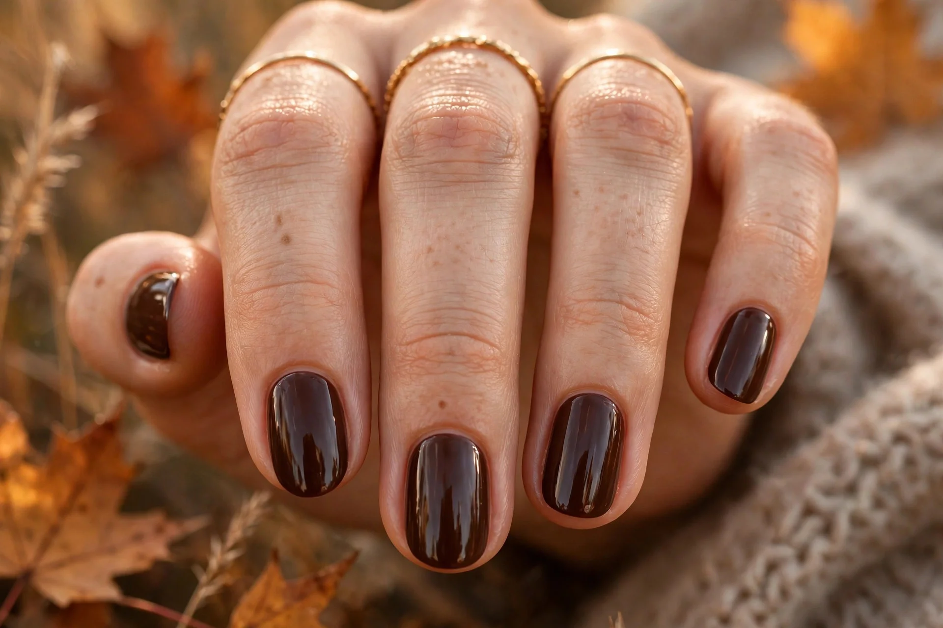 thanksgiving nails: glossy chocolate brown short nails