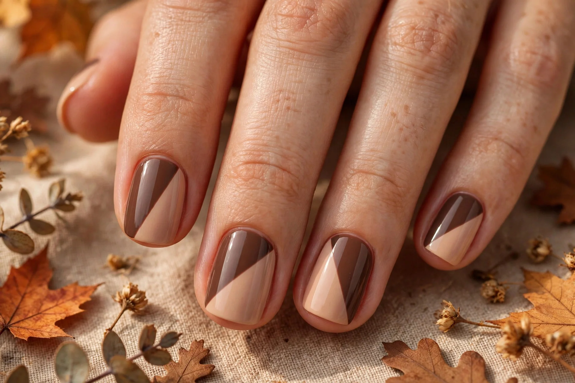 thanksgiving nails: chocolate and nude color block nails