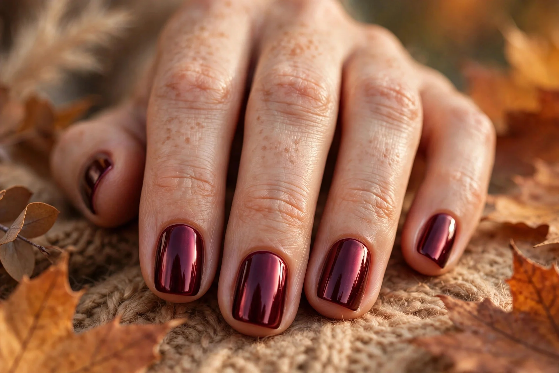 thanksgiving nails: full burgundy chrome manicure
