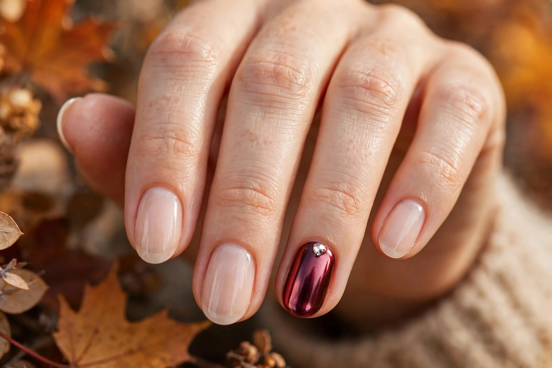 thanksgiving nails: burgundy chrome accent nails with nude base