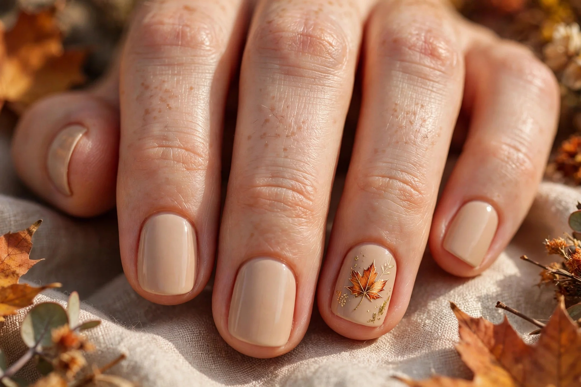thanksgiving nails: single fall leaf accent nail