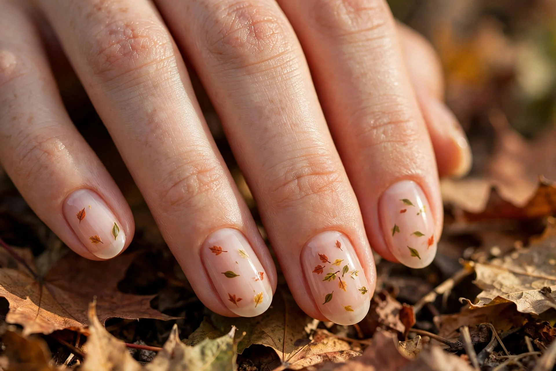 thanksgiving nails: scattered mini fall leaves nail art