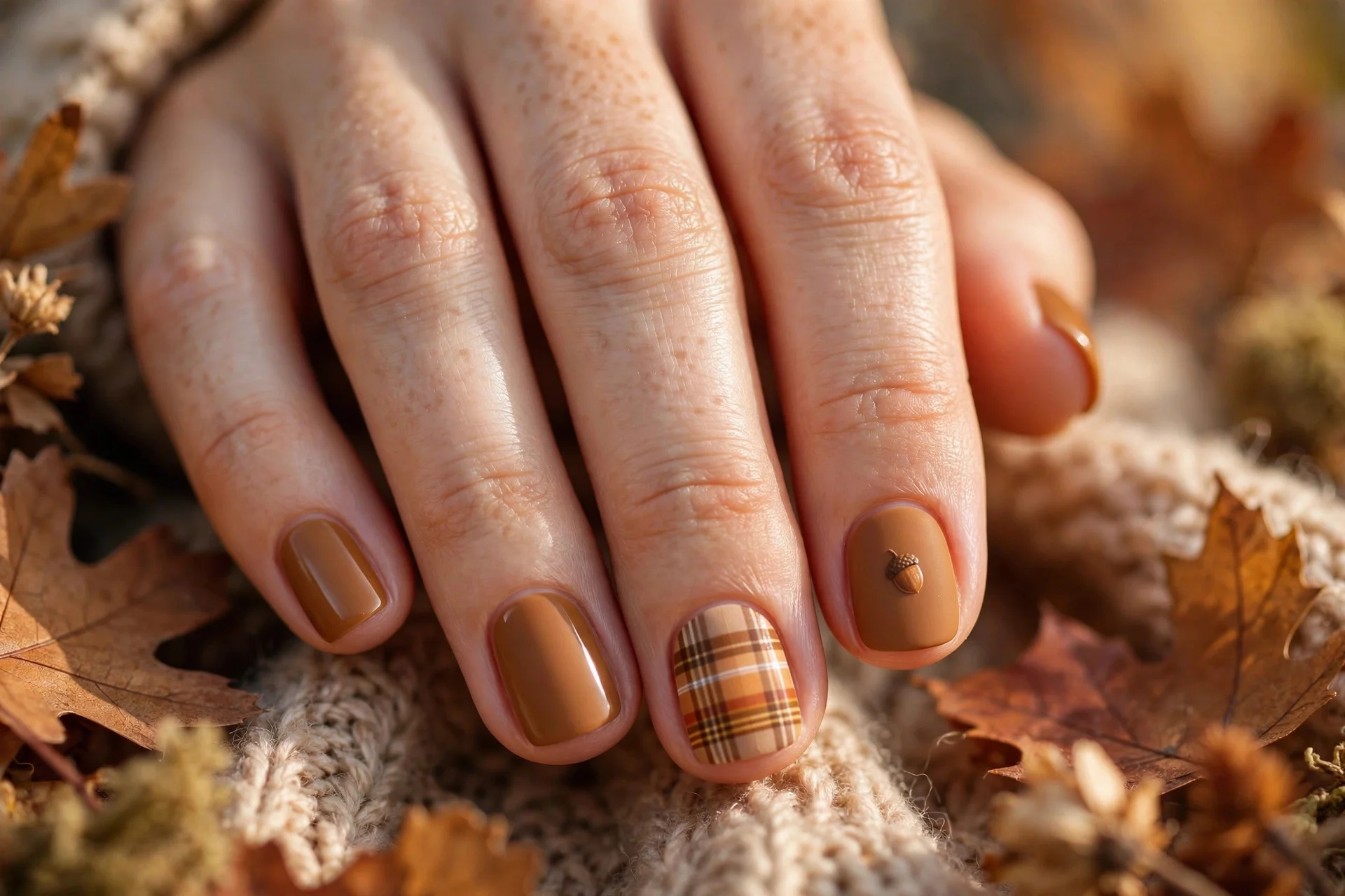 thanksgiving nails: acorn accent paired with plaid nail