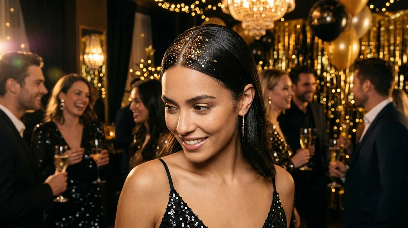 Glitter roots sleek center part nye hairstyles 2027 for New Year Eve party