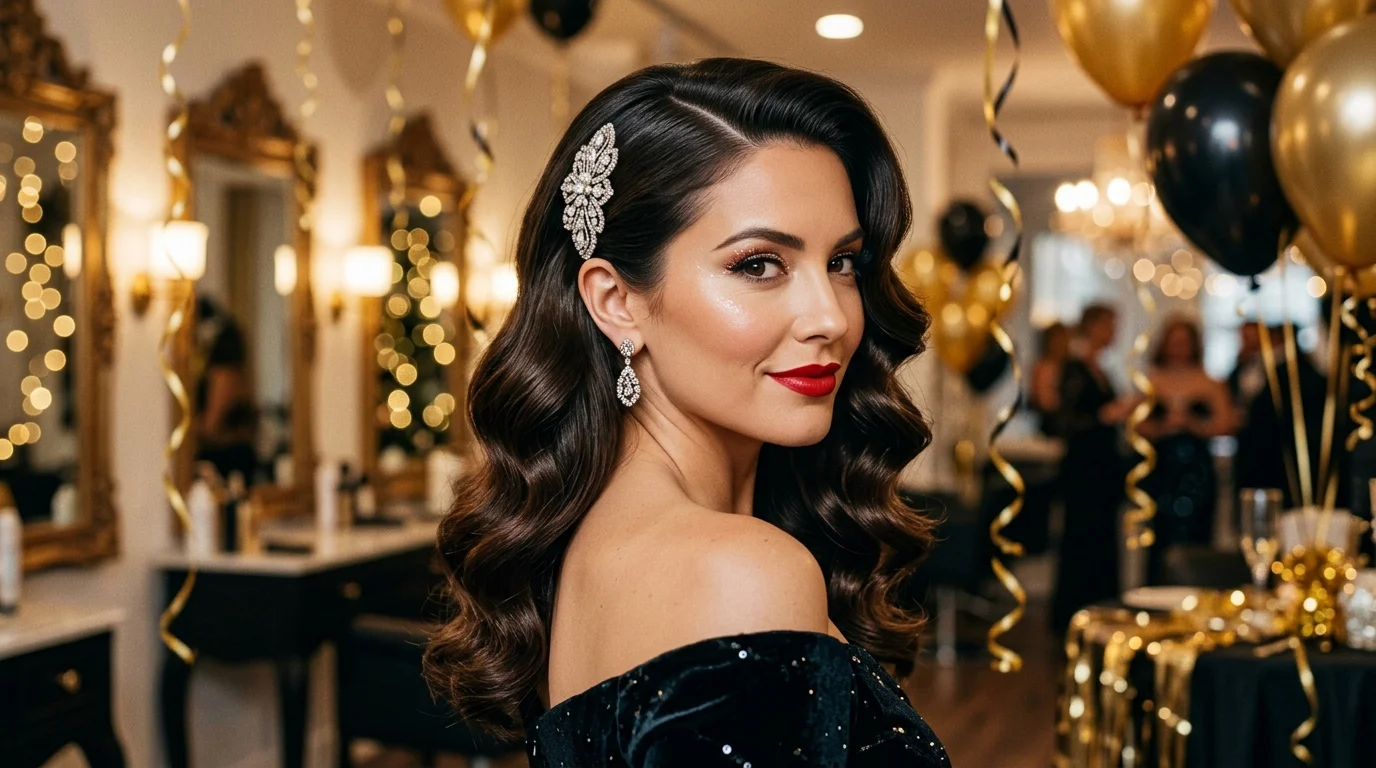 Old Hollywood waves deep side part nye hairstyles 2027 elegant party hair