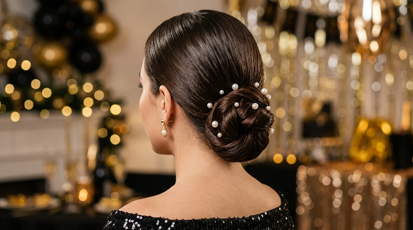 Sleek low bun pearl pins nye hairstyles 2027 for midnight party