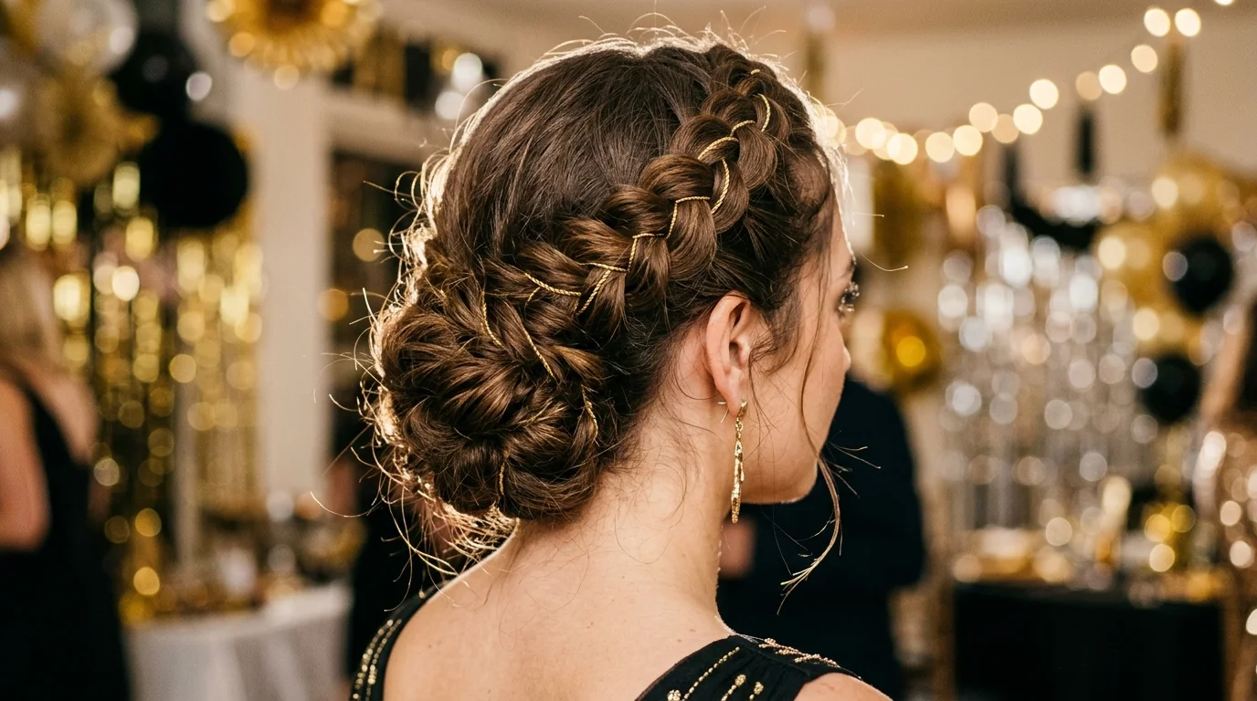 Braided crown updo gold thread nye hairstyles 2027 festive party hair
