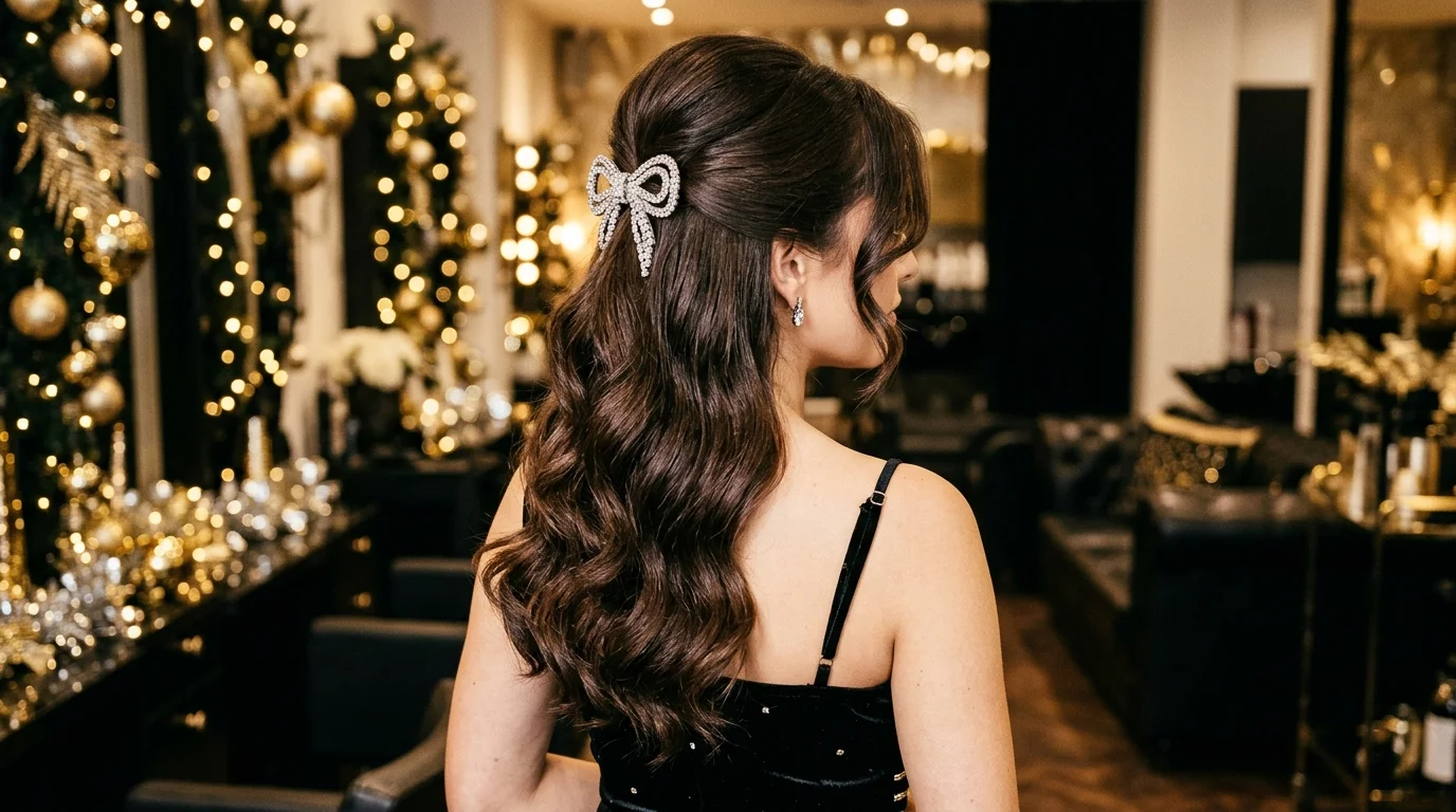 Half up half down glam waves crystal bow nye hairstyles 2027