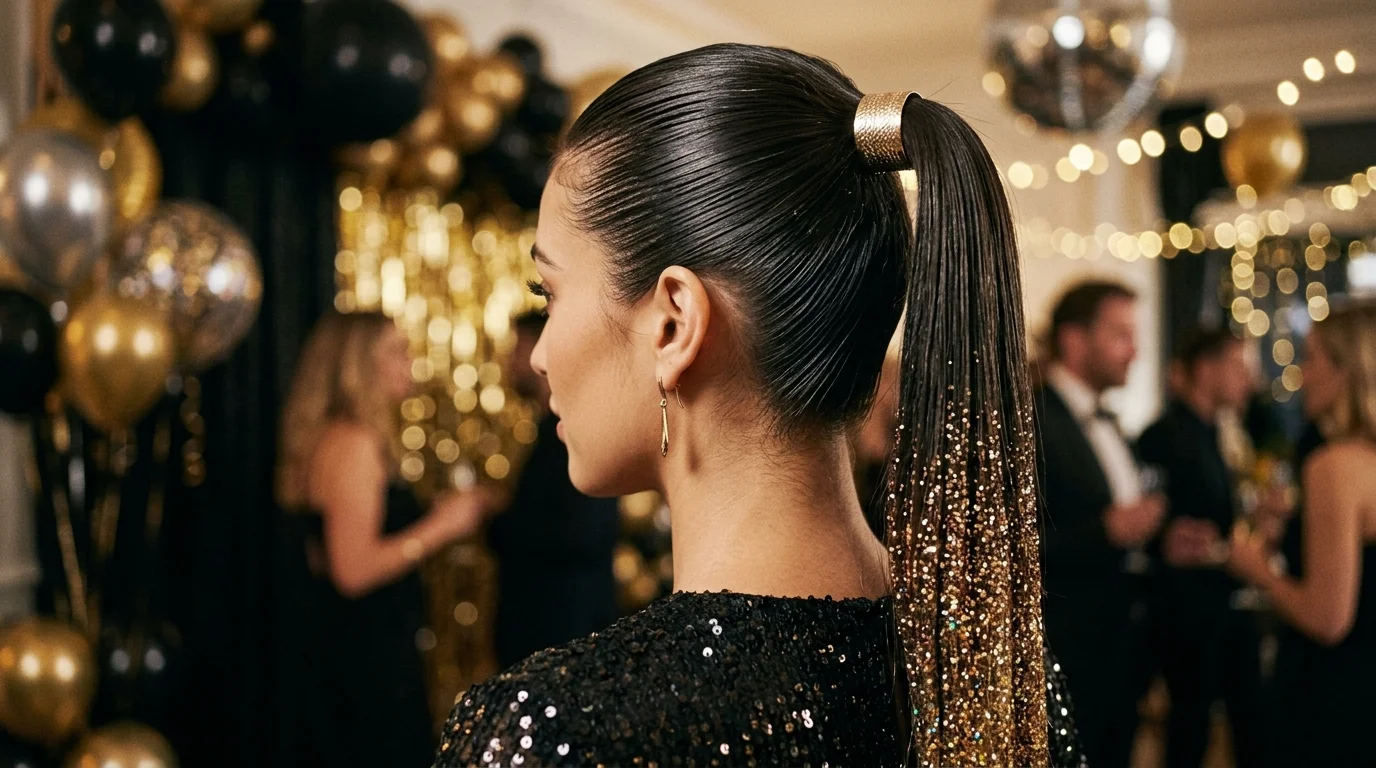 Slicked back ponytail glitter ends nye hairstyles 2027 party look