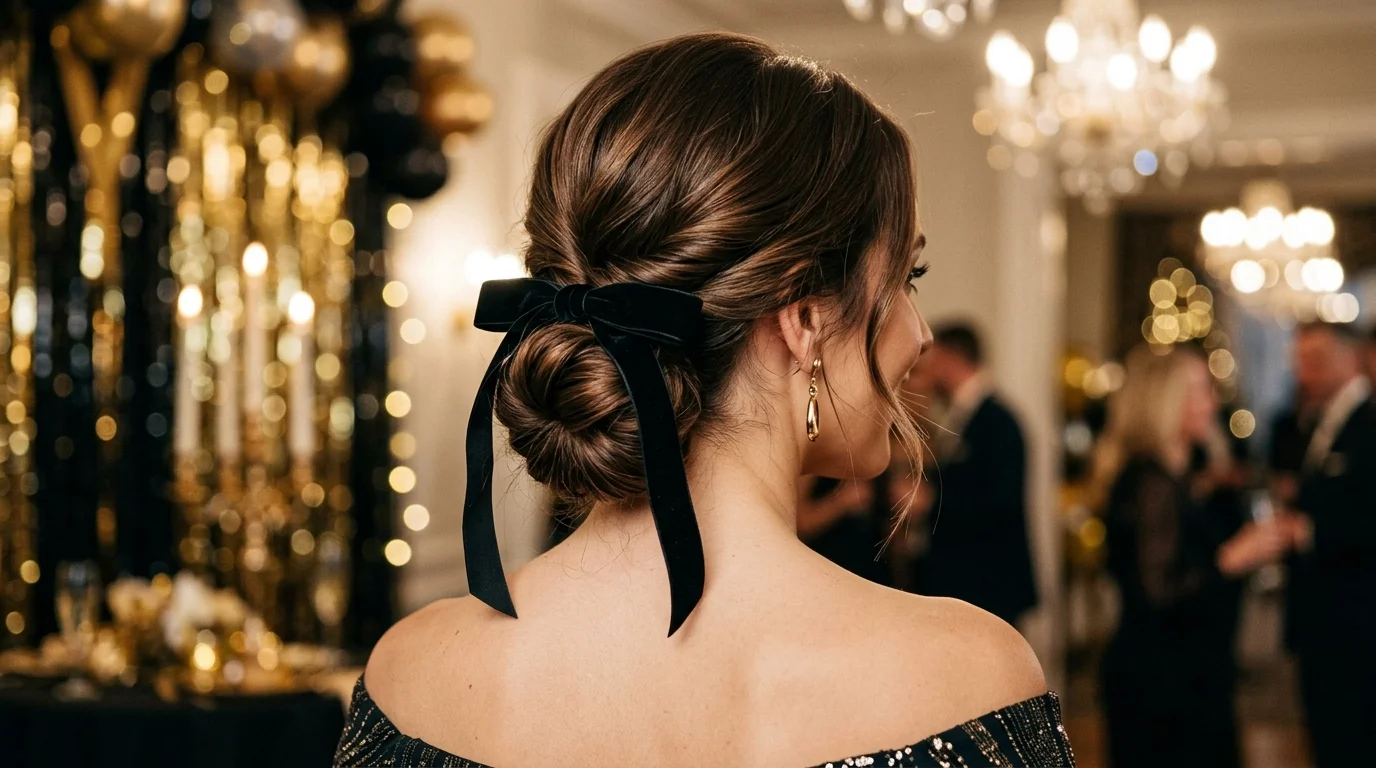 Low chignon velvet ribbon nye hairstyles 2027 party updo